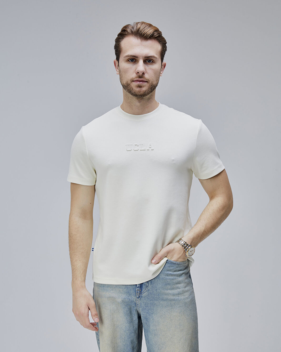 CANARY Kemik Rengi Bisiklet Yaka Gofre Baskılı Standard Fit Erkek Tshirt