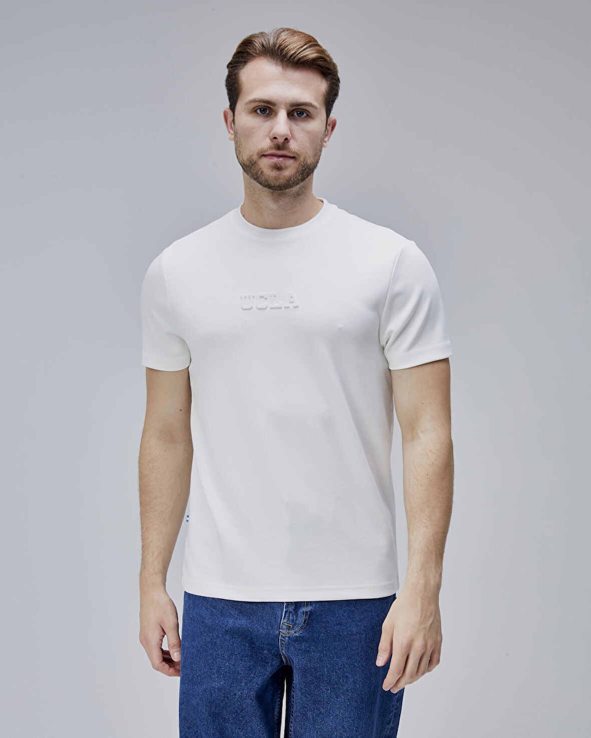 CANARY Beyaz Bisiklet Yaka Gofre Baskılı Standard Fit Erkek Tshirt