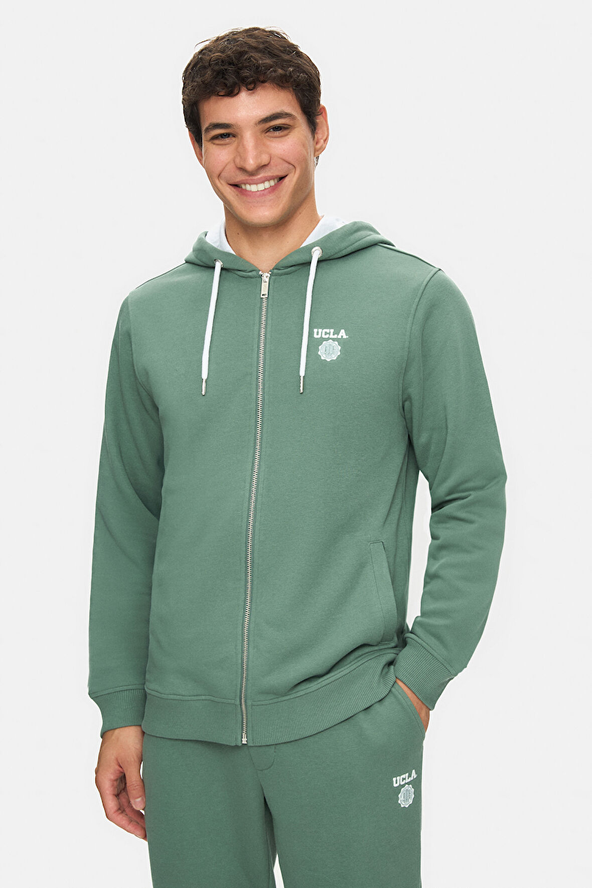 HILGARD Adaçayı Yeşili Kapüşonlu Ve Fermuarlı Baskılı Standard Fit Erkek Sweatshirt