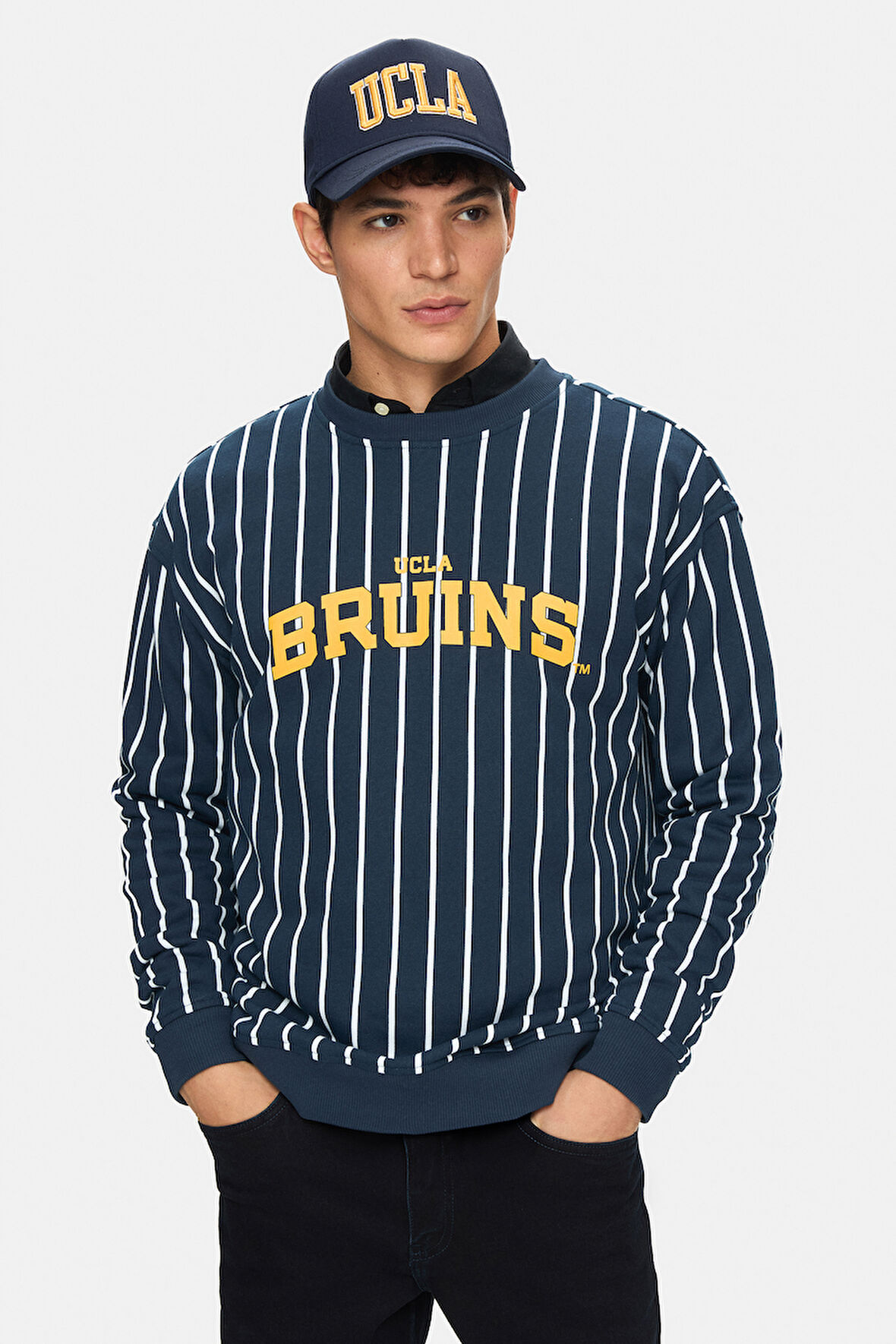 NELLY Lacivert Bisiklet Yaka Baskılı Oversize Fit Erkek Sweatshirt