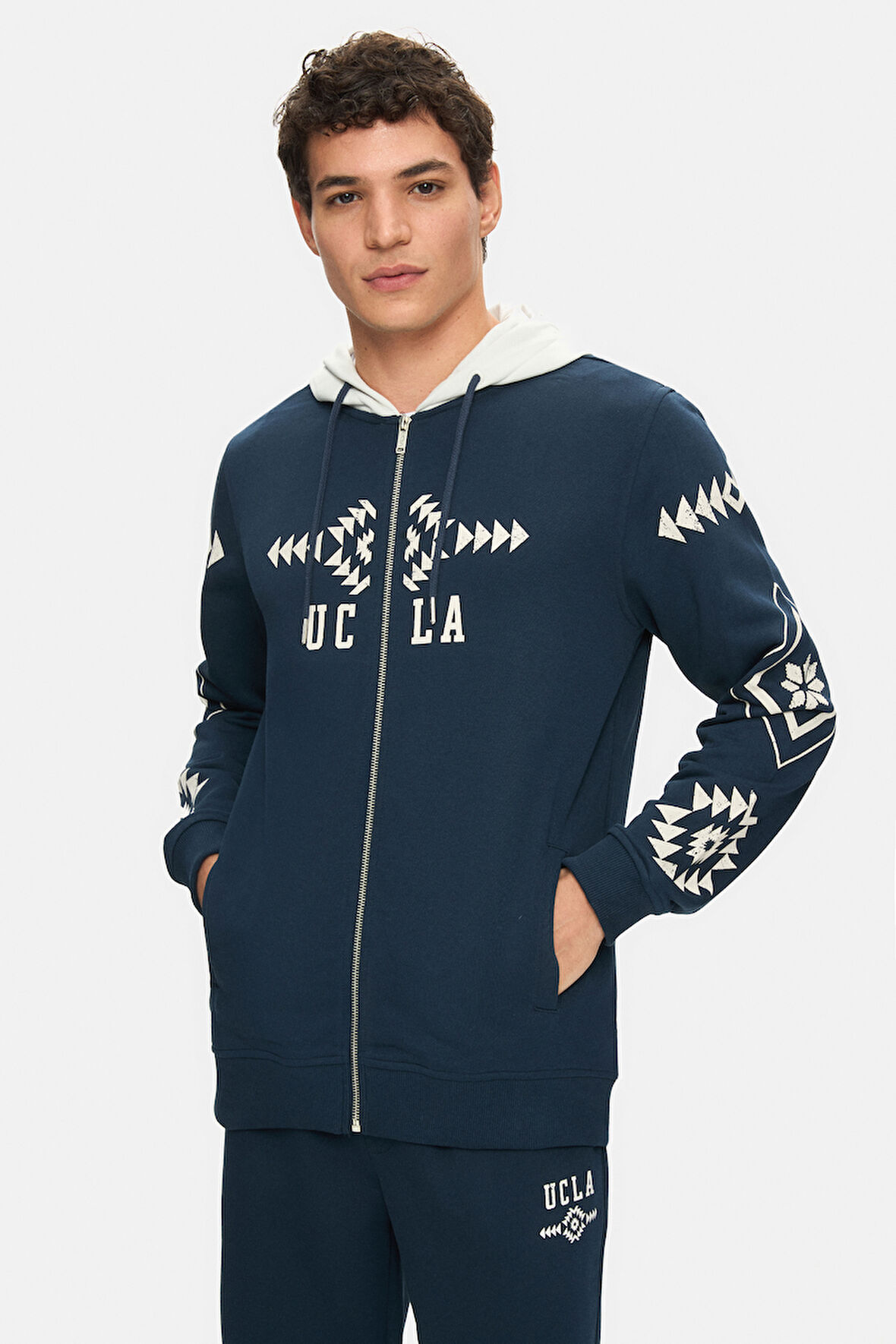 SPENCER Lacivert Kapüşonlu Baskılı Fermuarlı Standard Fit Erkek Sweatshirt