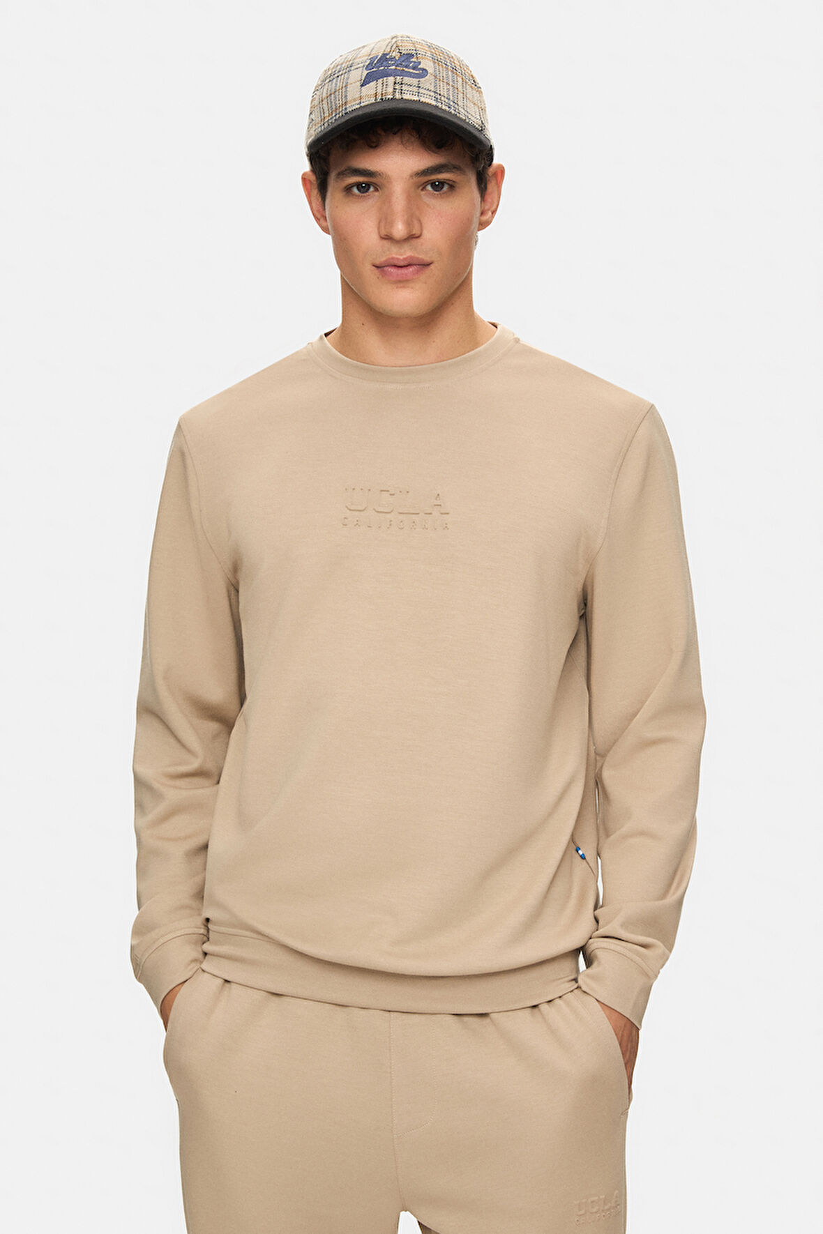 MACHADO Koyu Bej Bisiklet Yaka Gofre Baskı Standard Fit Erkek Sweatshirt