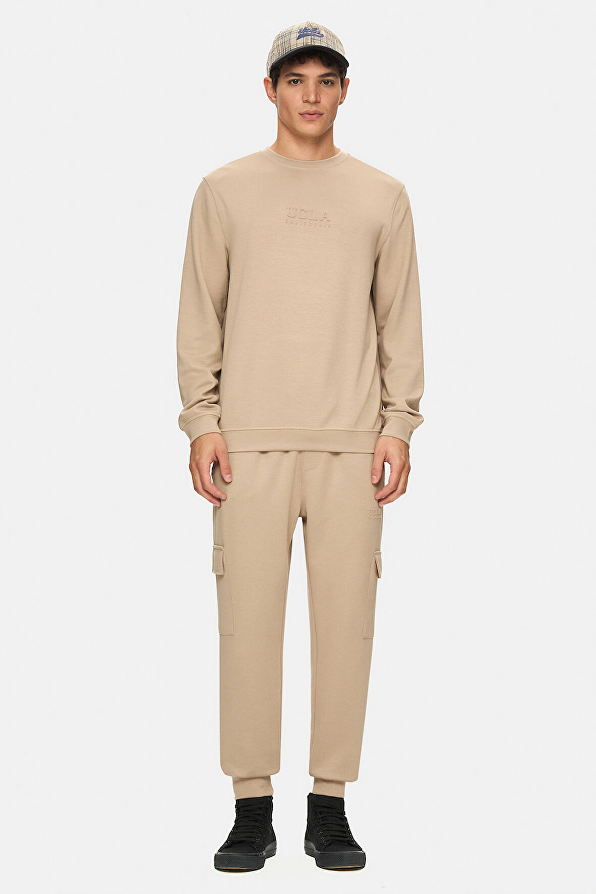 DALEY Koyu Bej Kargo Cepli Gofre Baskı Standard Fit Erkek Eşofman Alt