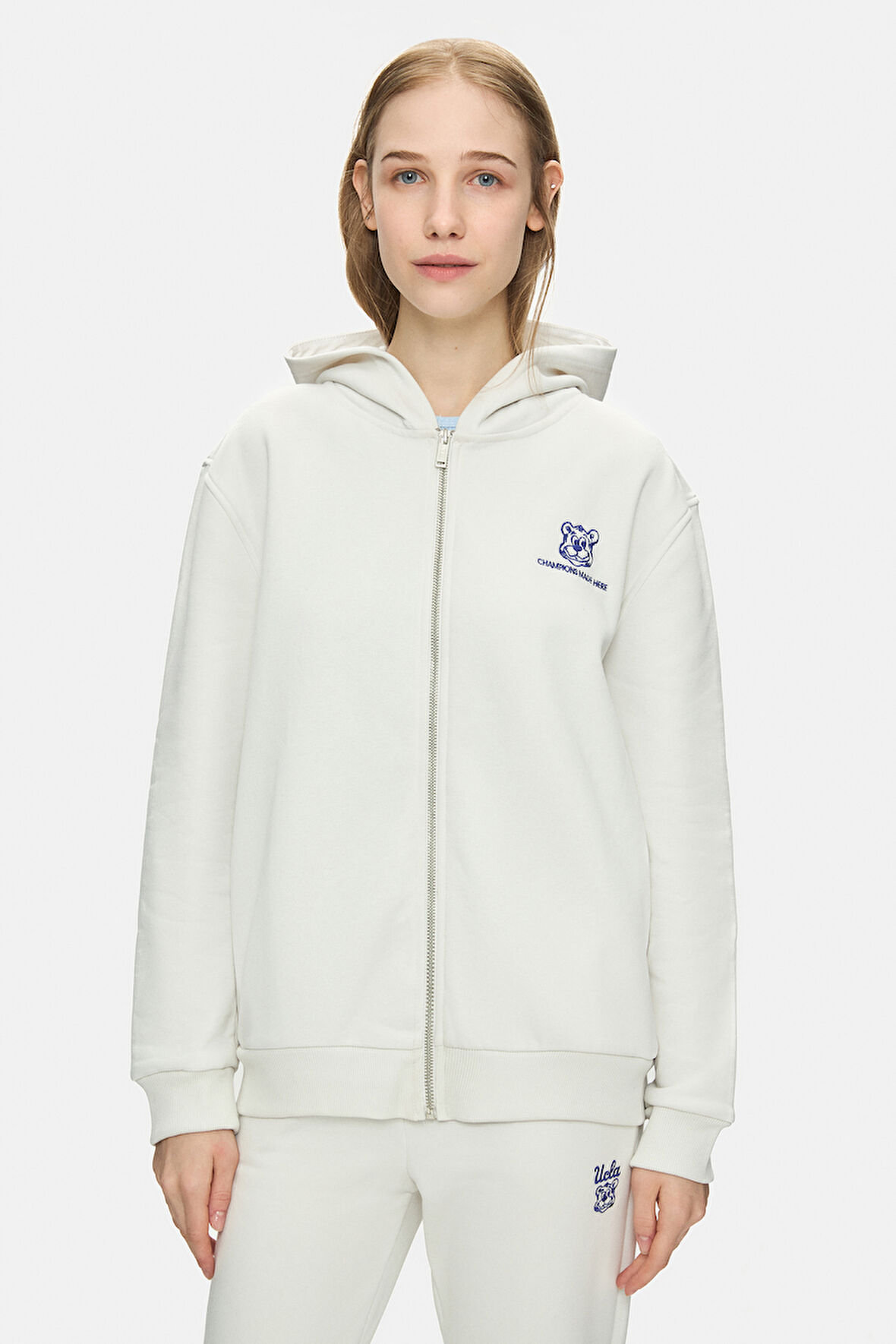 ESTHER Kemik Rengi Fermuarlı ve Cepli Nakışlı Loose Fit Kadın Sweatshirt