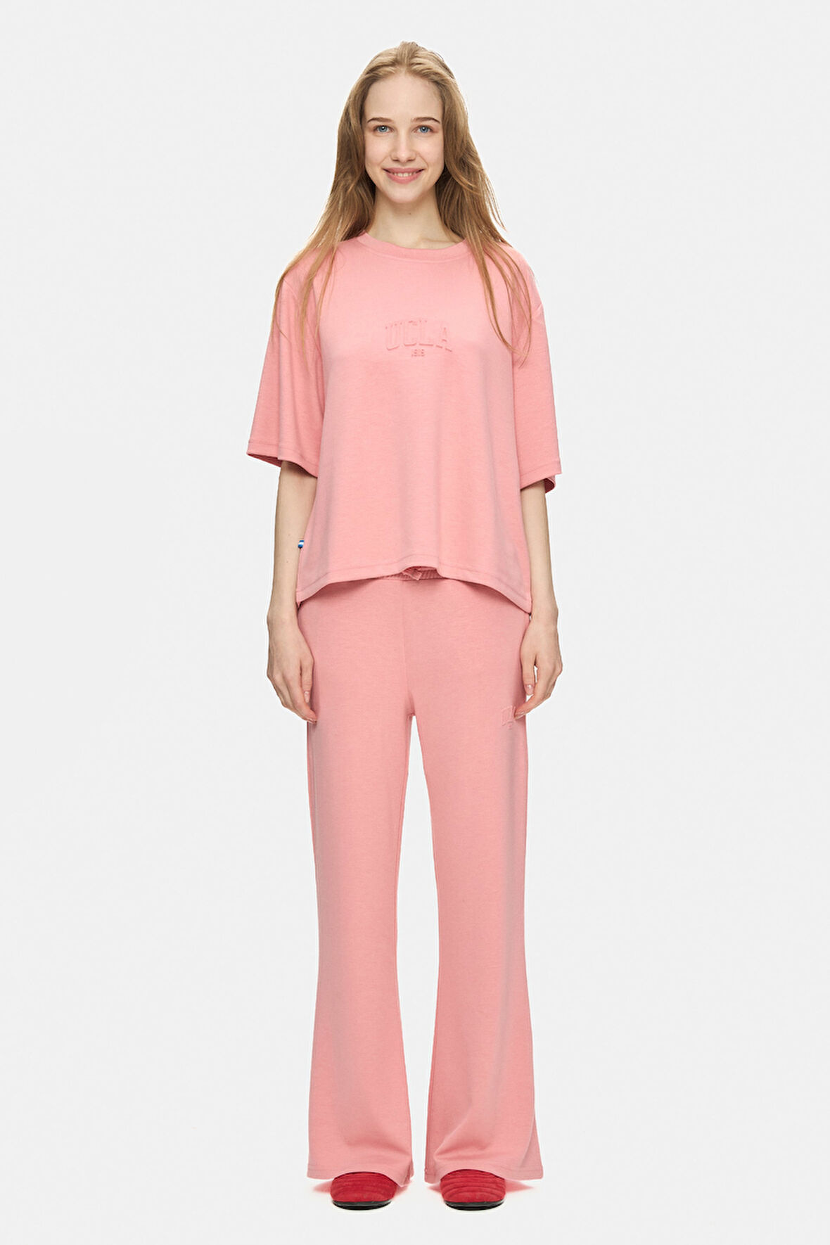 URANIA Pembe İspanyol Paça Gofre Baskı Loose Fit Kadın Eşofman Alt