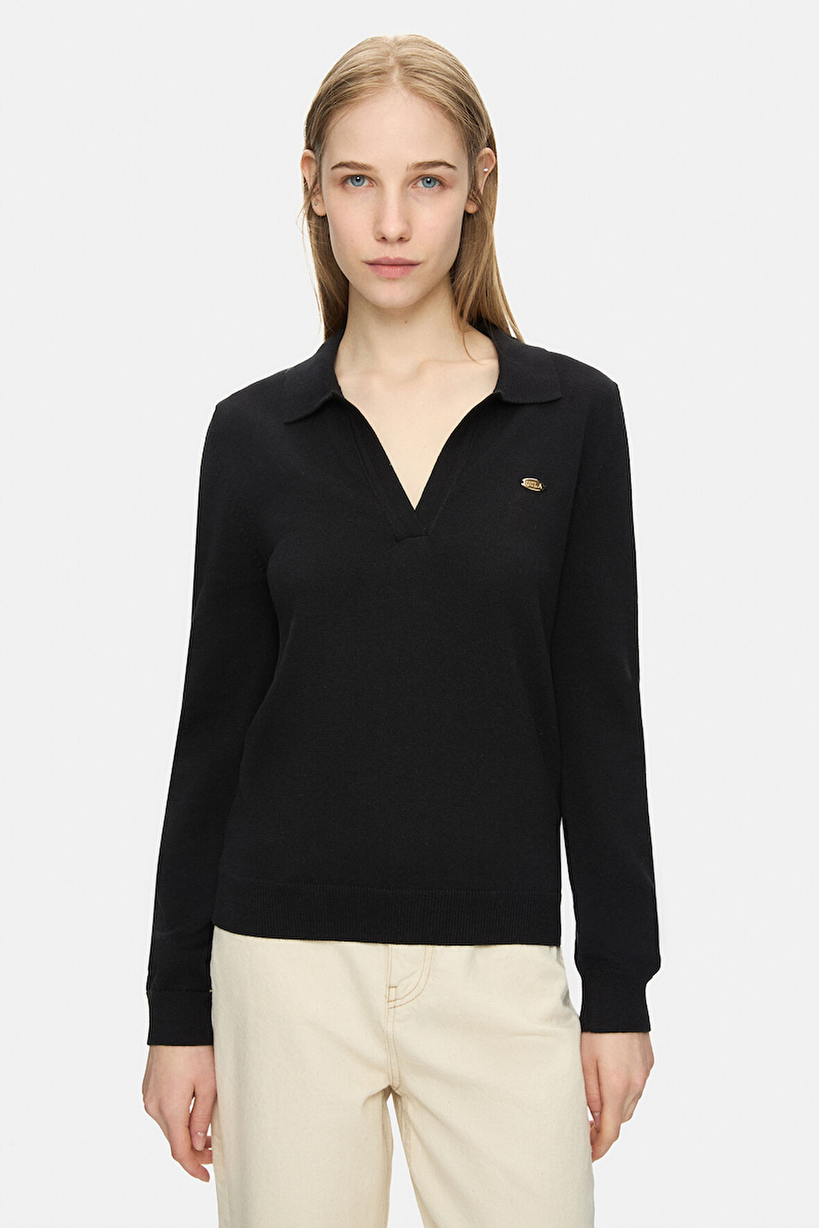 IRENE Siyah Polo Yaka Triko Metal Logololu Standard Fit Kadın Triko