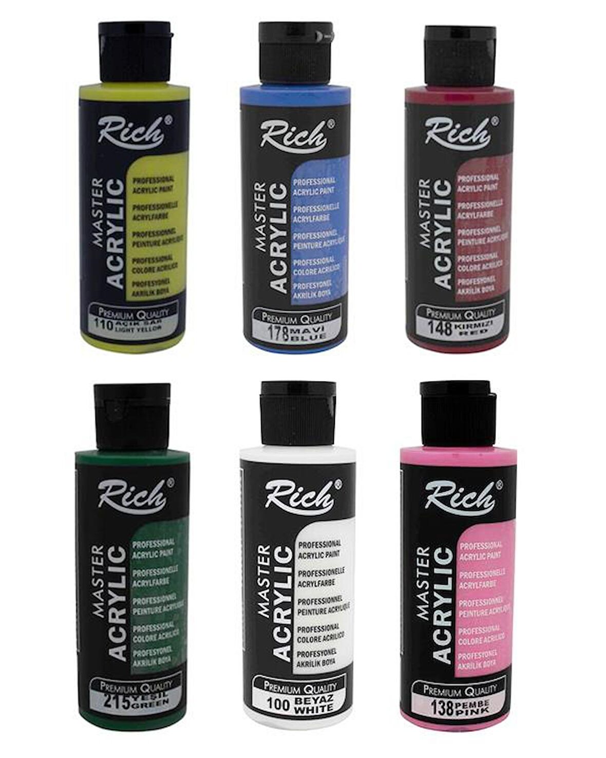 Rich Master Akrilik Boya Set Mavi Yeşil Kırmızı Açık Sarı Beyaz Pembe