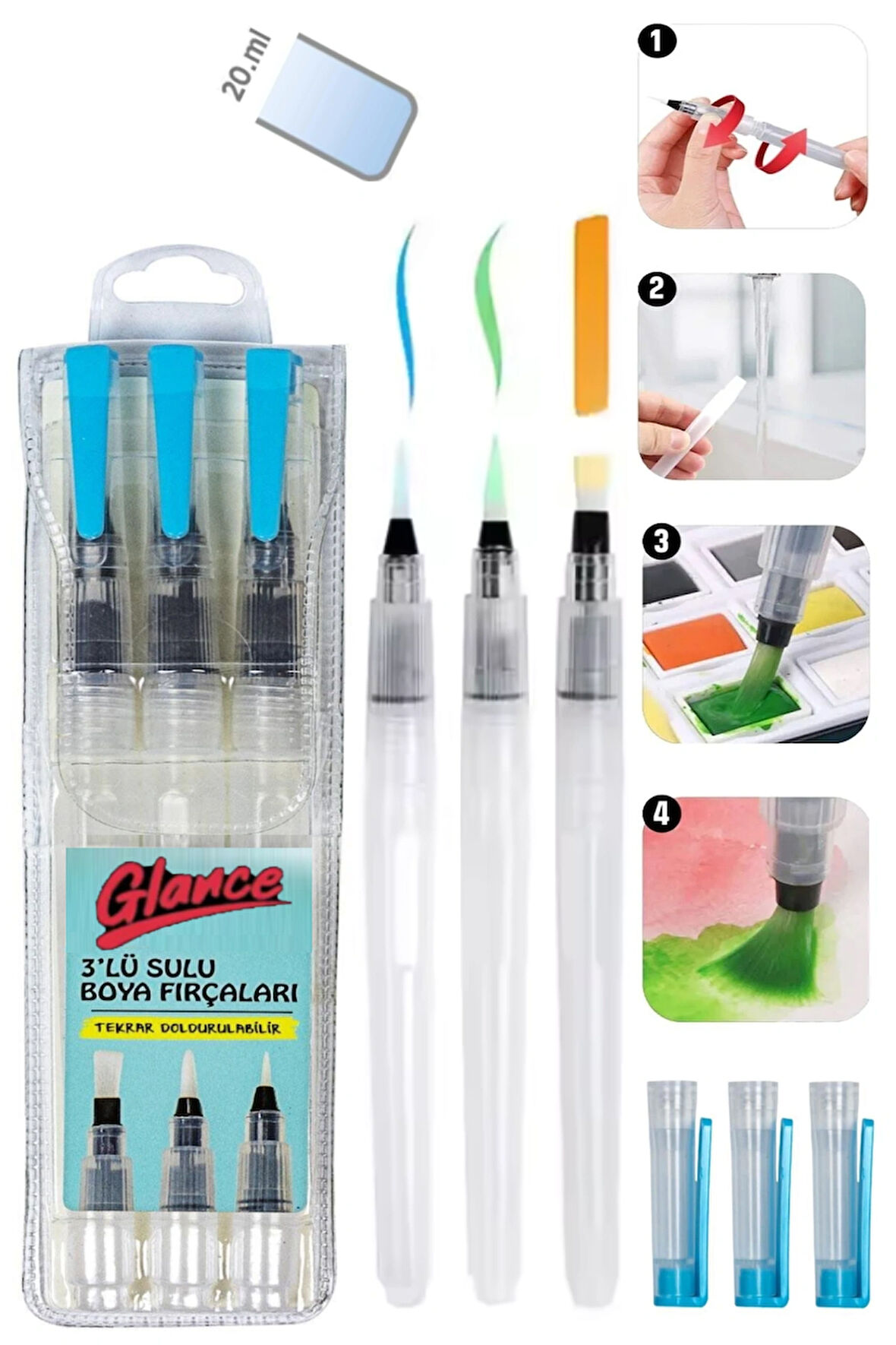 3 Adet Su Hazneli Suluboya Fırçası