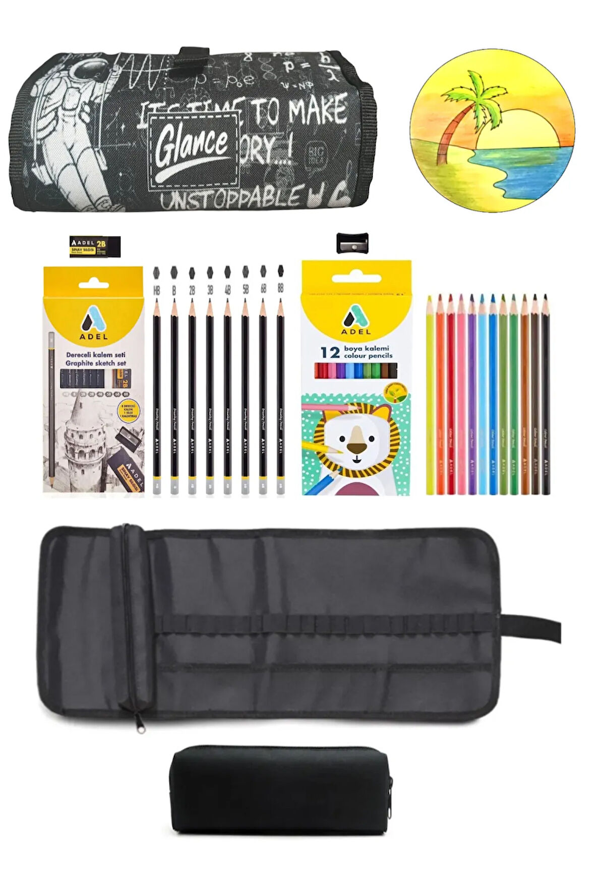 Astranot Rulo Bez Kalemlik 24 Bölmeli + Kalem Kutusu Dereceli Ve Boya Kalem Seti