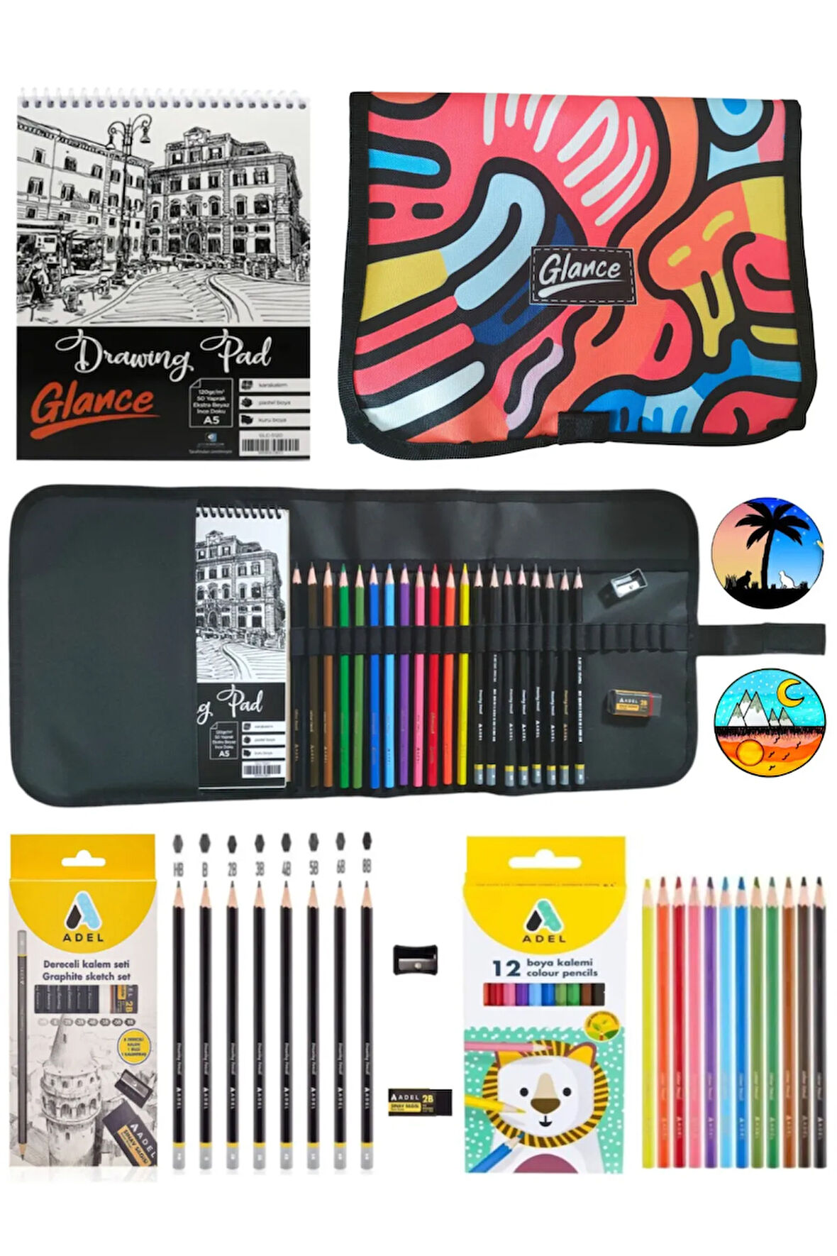 A5 Eskiz Defter Cepli Renkli Desen Kalemlik 24 bölmeli + Kalem Kutusu Dereceli Ve Boya Kalem Seti
