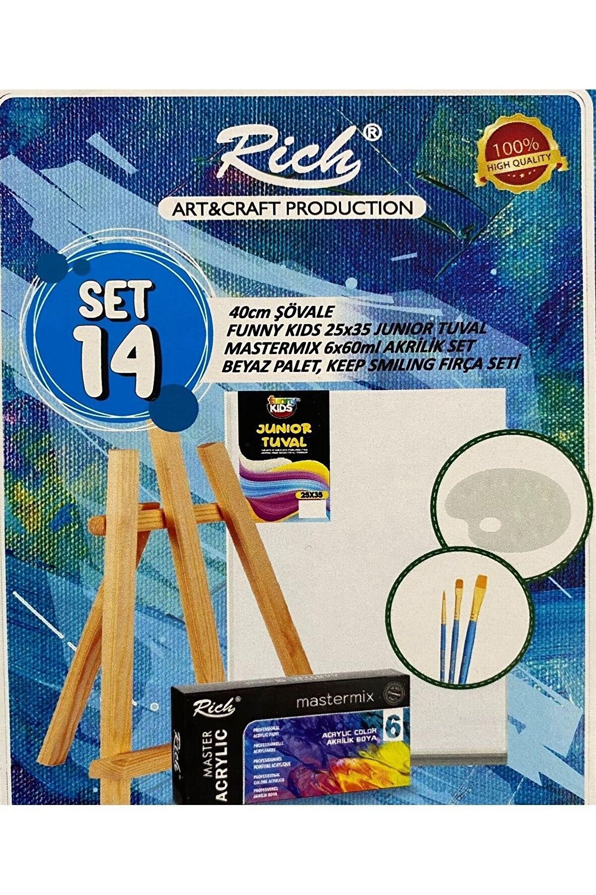 Sanatsal Ekonomik Hobi Seti 5 Parça (Masa Üstü Ayaklı Şövale+Tuval+Akrilik Boya+Palet+Sentetikfırça)