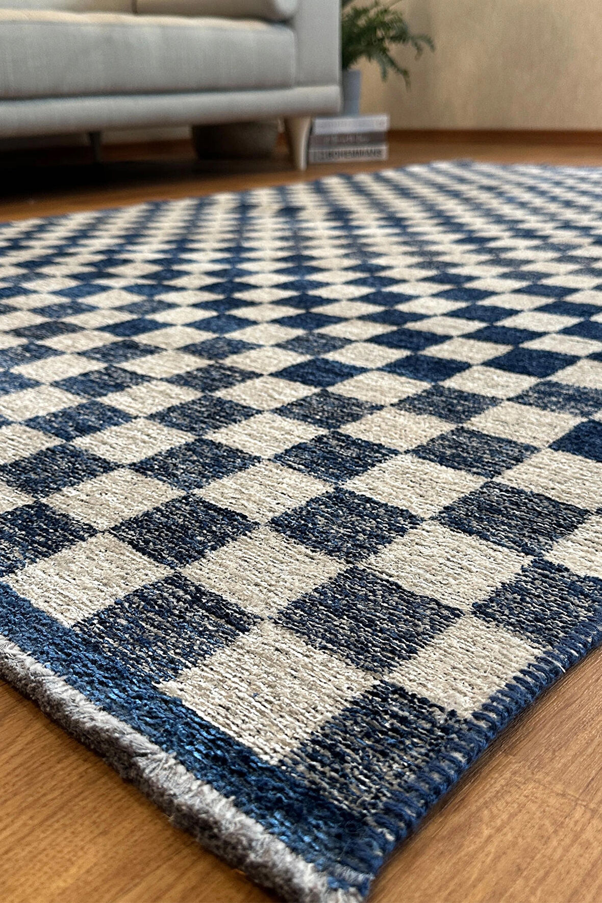 Moretti Nordi Küp Kare Desenli Yıkanabilir Mavi Mutfak Halısı