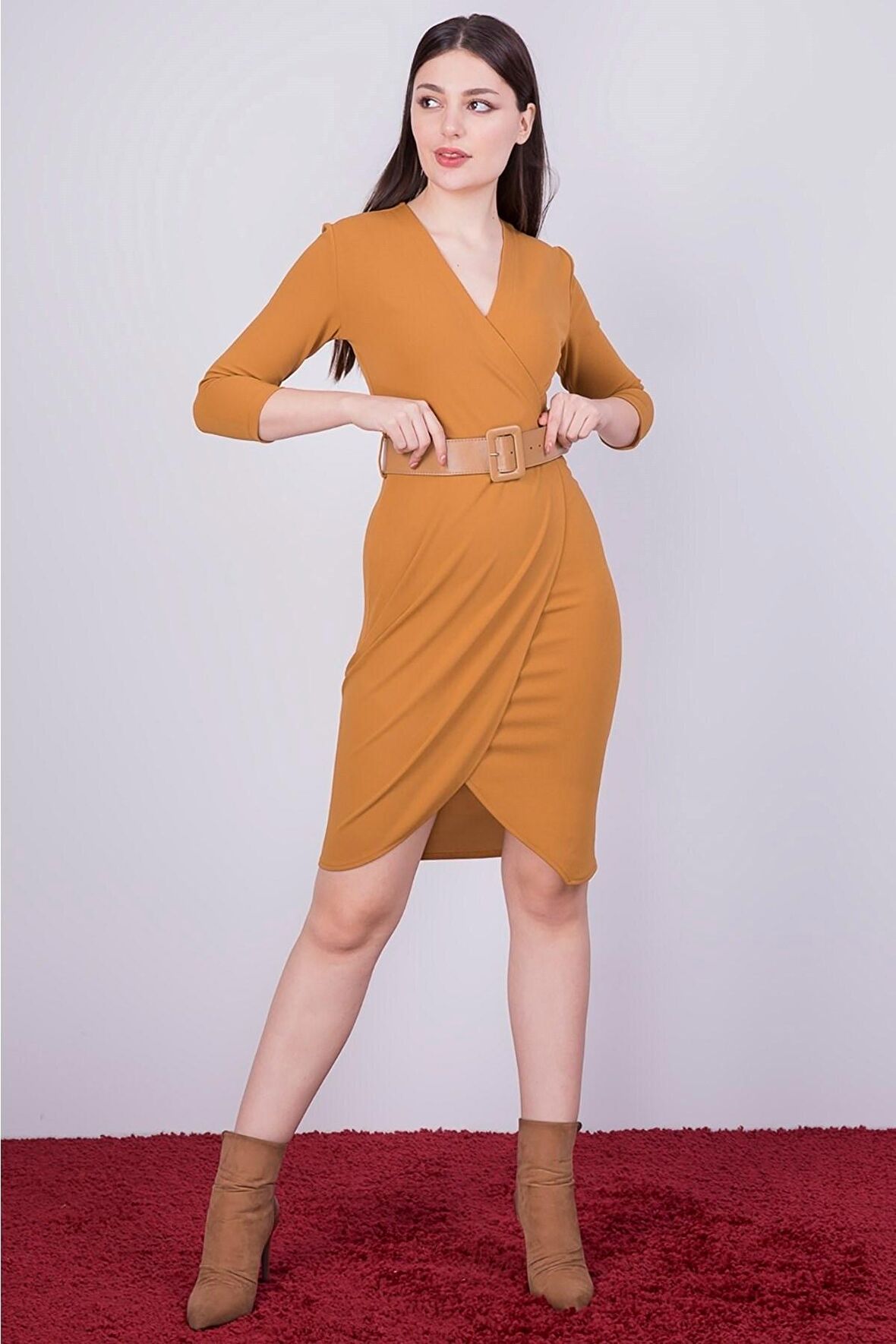 Kadın Scuba Krep Kruvaze Yaka Detaylı Kemerli Mevsimlik Midi Boy Anvelop Elbise 3753/100