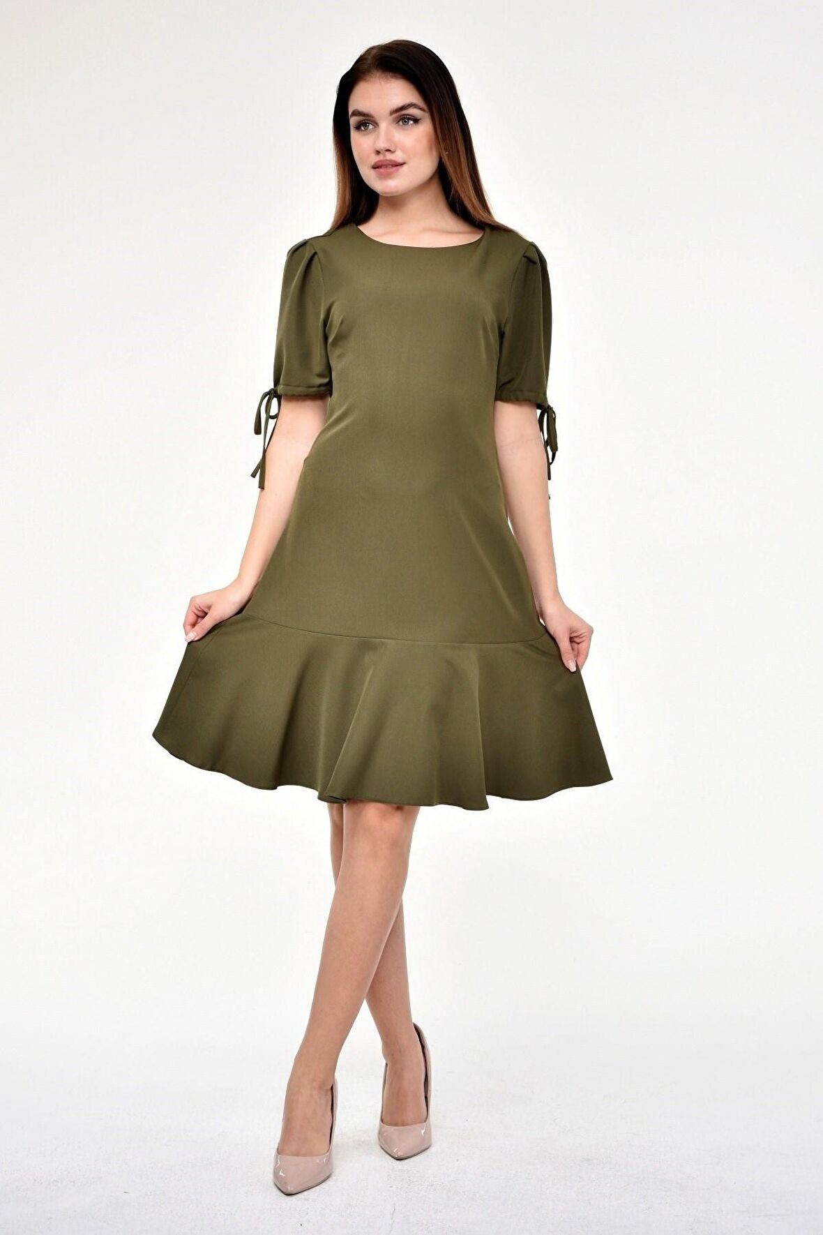 Kadın Pileli kol Bağlama Detaylı Volanlı Midi Boy Elbise 3812/100