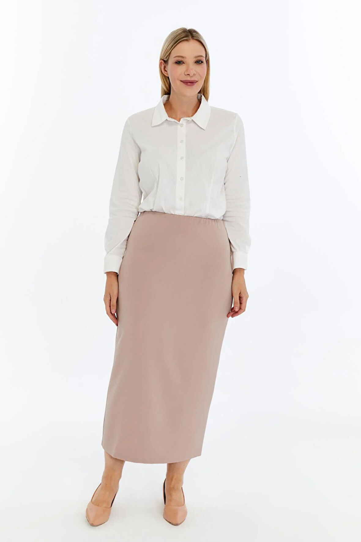 Apsen Kadın Bej Beli Lastikli Mevsimlik  Yırtmaç Detaylı Ofis Etek 1903-90