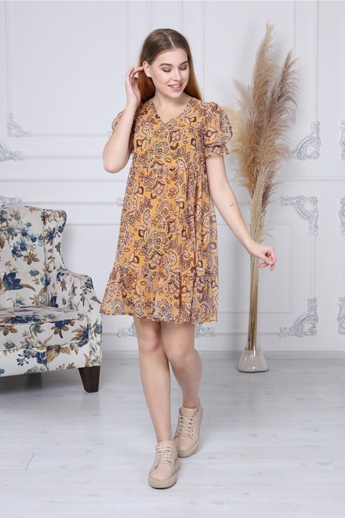 Kadın Yeni Sezon Büzgü Detaylı Çiçek Desenli Şifon Elbise 4316/95