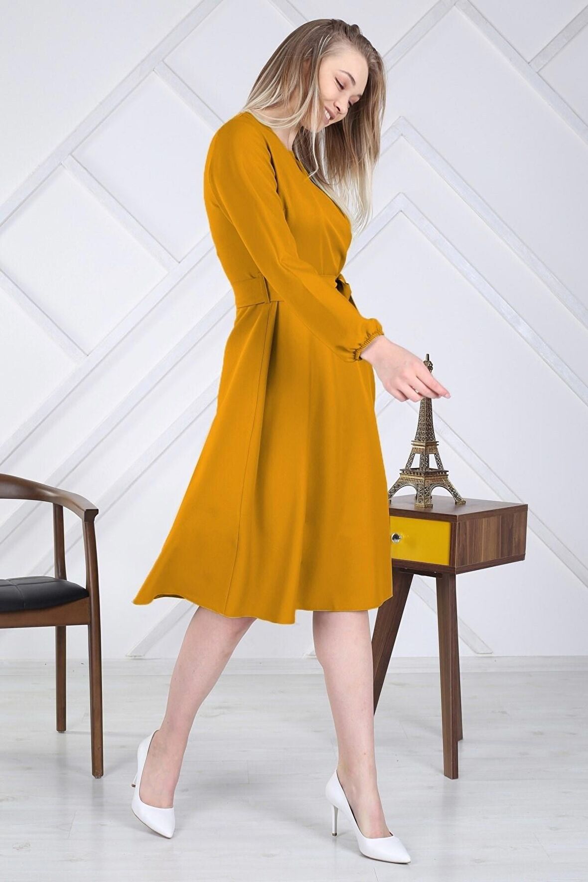 Kadın Bağlama Detaylı Kruvaze Yaka Midi Boy Elbise 4338/110