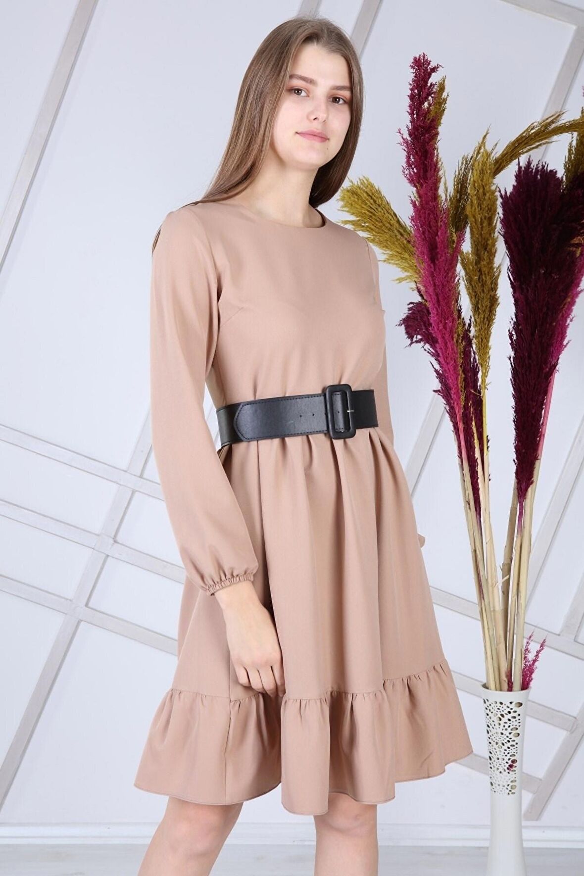 Kadın Pembe Eteği Fırfırlı Bisiklet Yaka Kemer Detaylı Elbise 4345/100