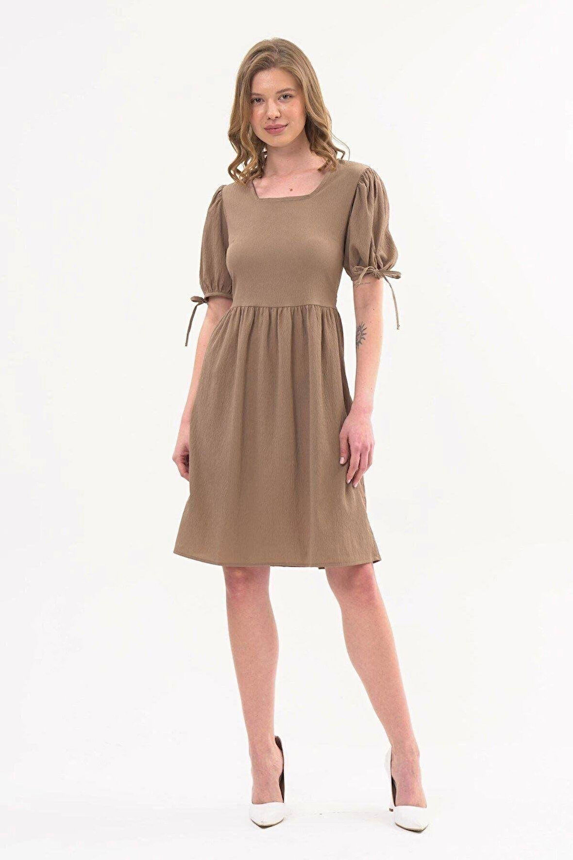 Apsen Kadın Vizon Renk  Kare Yaka Kol Detaylı Elbise 4368-100