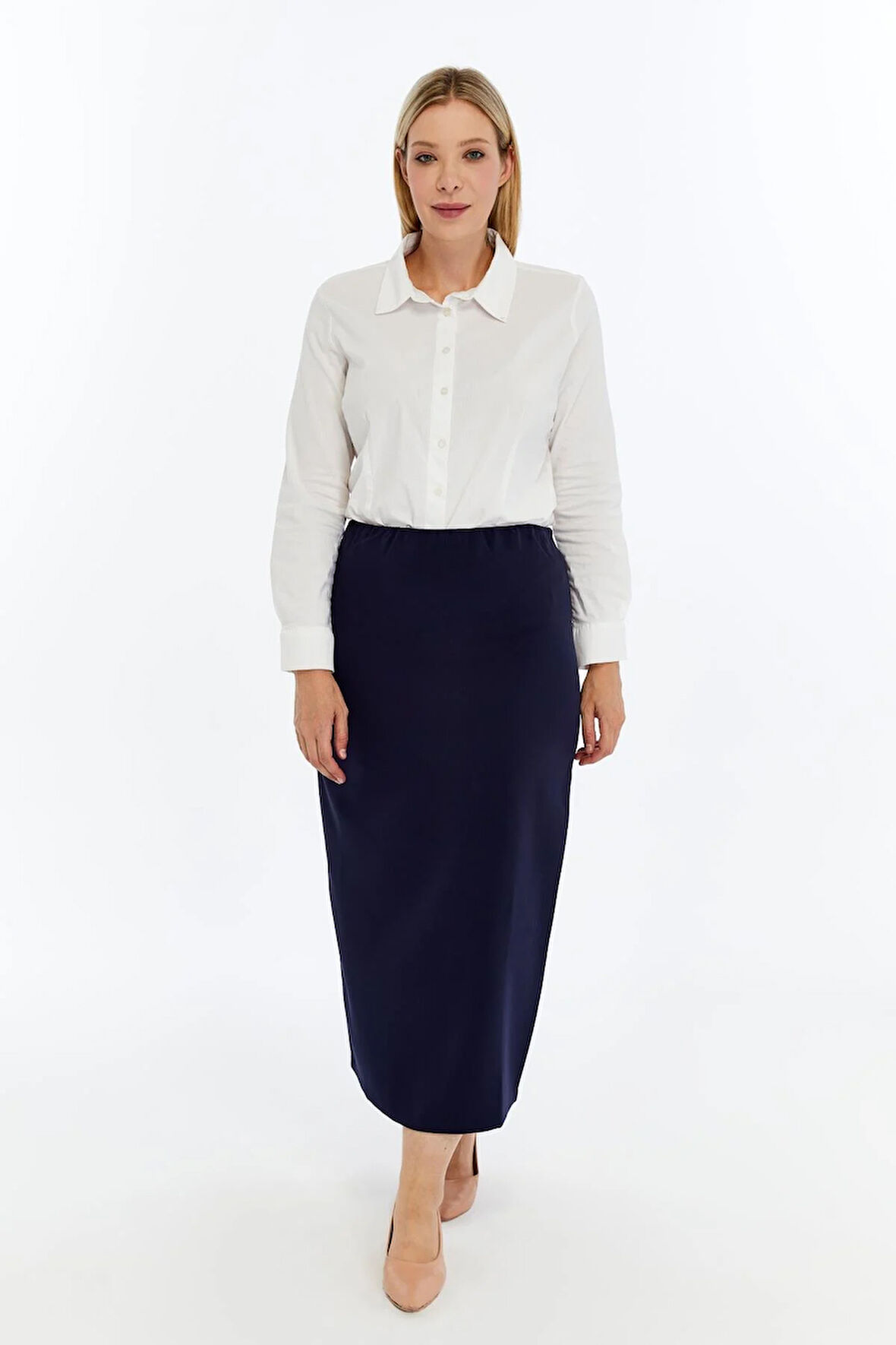 Apsen Kadın Lacivert Beli Lastikli Mevsimlik  Yırtmaç Detaylı Ofis Etek 1903-90