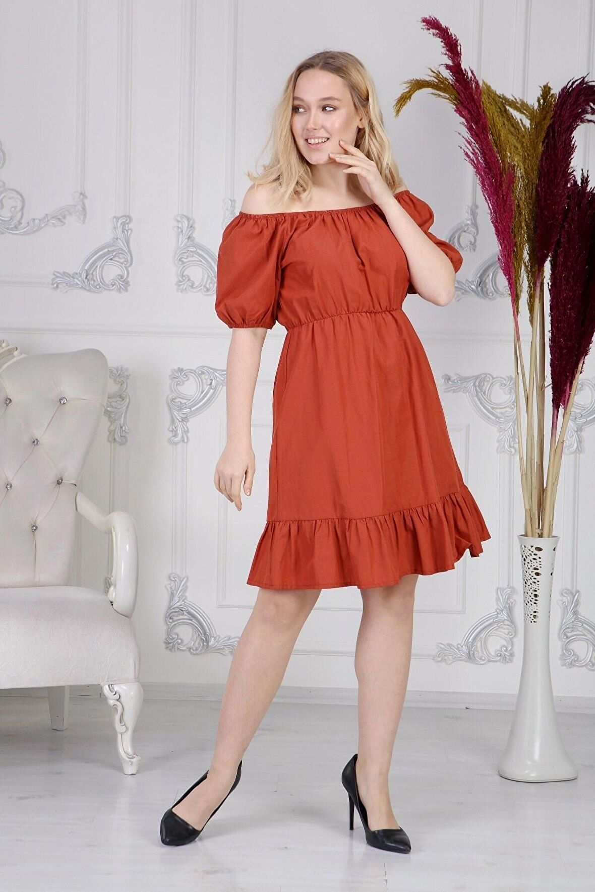 Kadın Beli Lastikli Tery Coton Elbise 4367/95