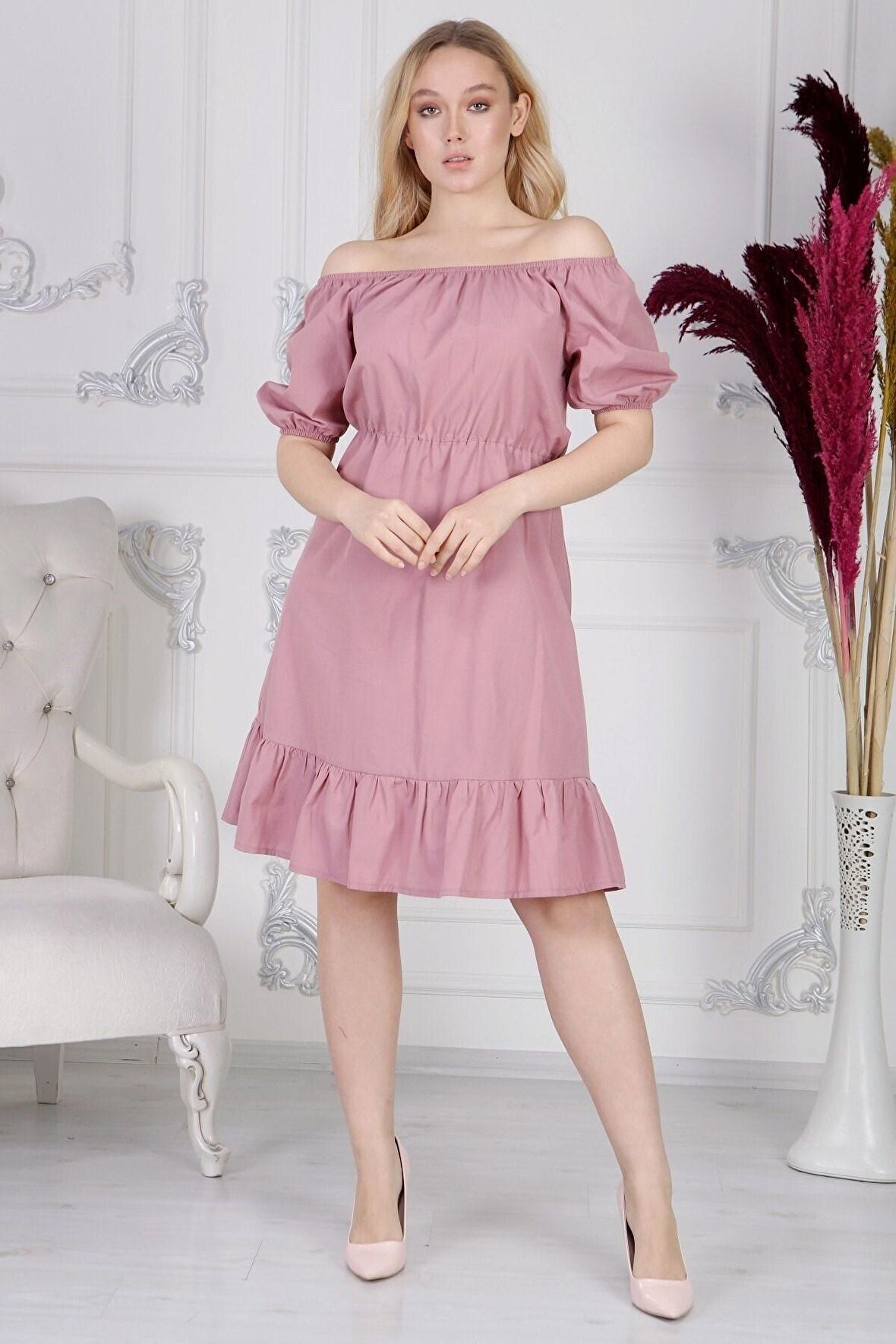 Kadın Beli Lastikli Tery Coton Elbise 4367/95