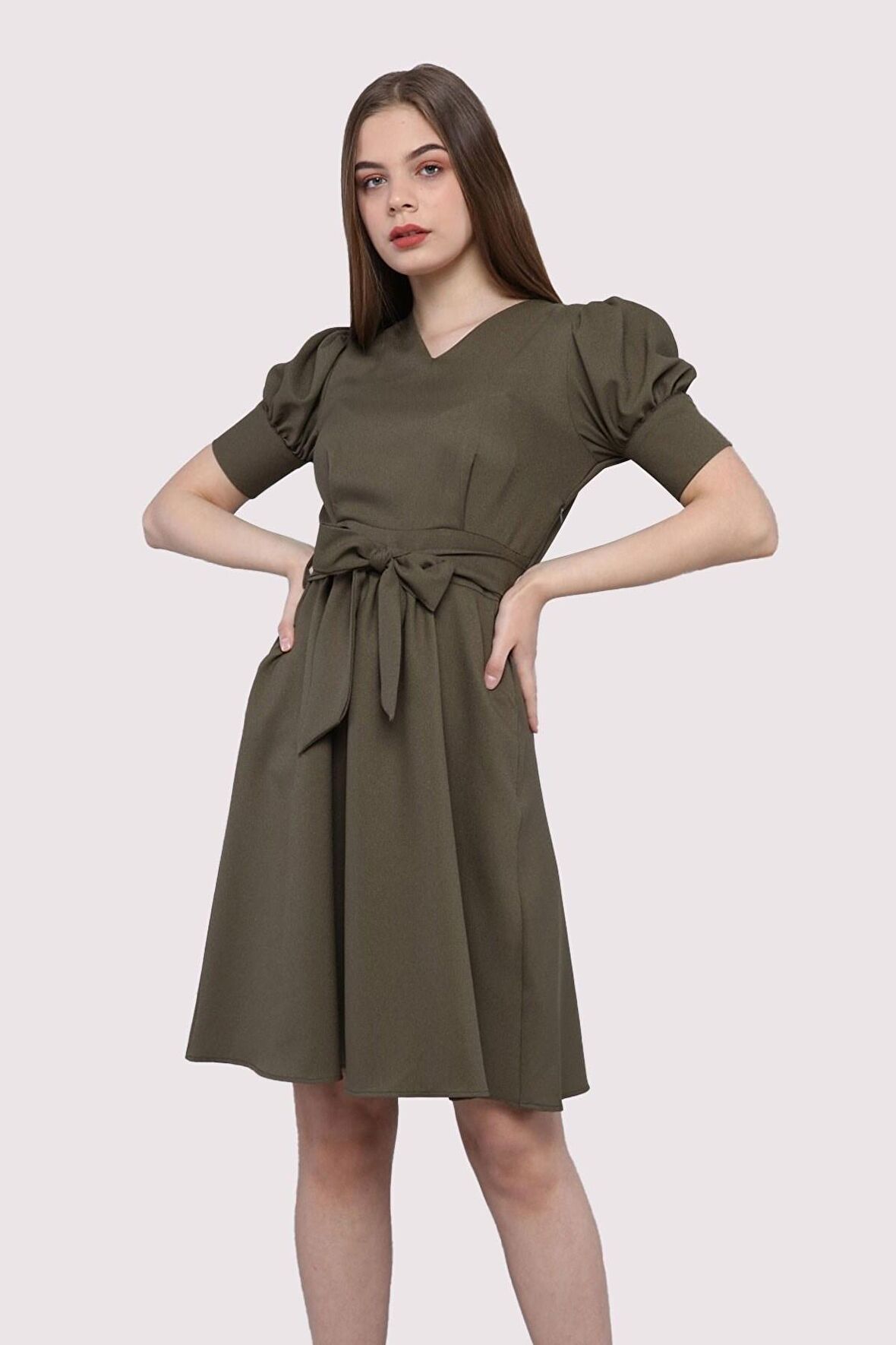 Kadın Kuşaklı Cep Detaylı Kolu Kısa Midi Boy Elbise 4379/95