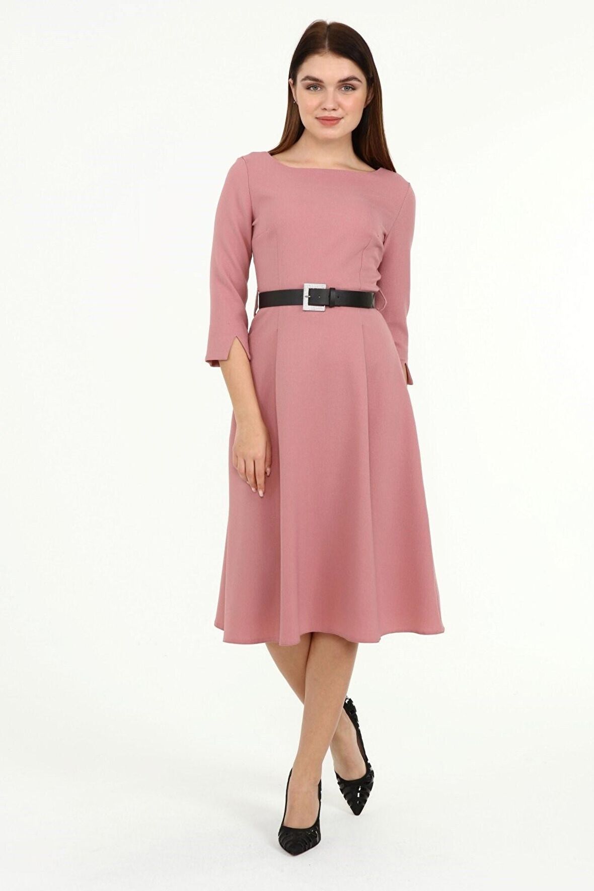 Kadın Yeni Sezon Kemerli Bisiklet Yaka Elbise 3809/110