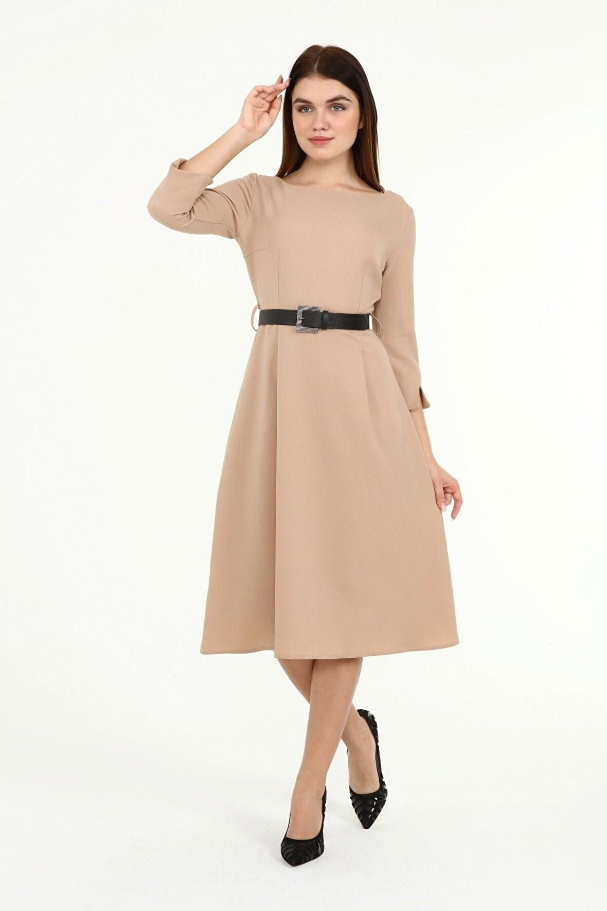 Kadın Yeni Sezon Kemerli Bisiklet Yaka Elbise 3809/110