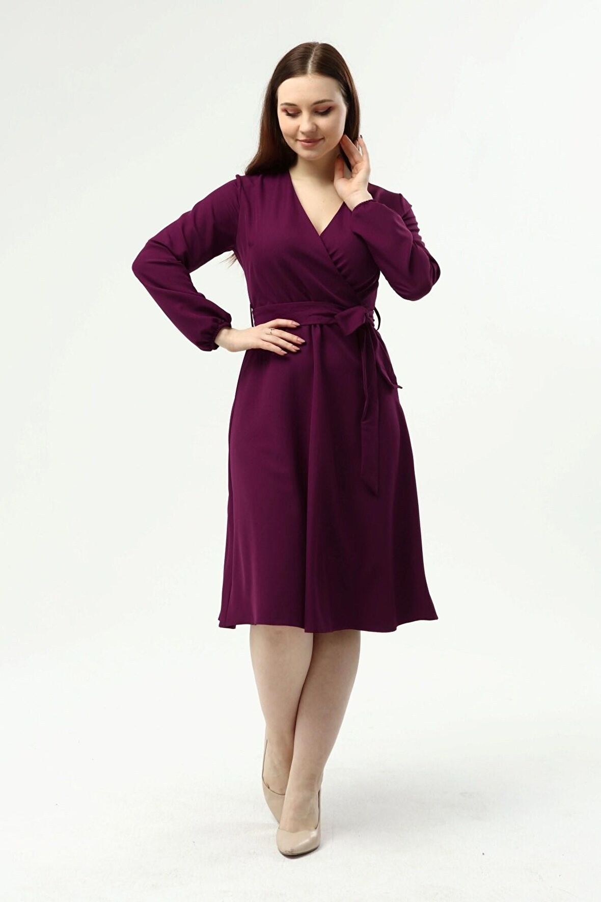 Kadın Bağlama Detaylı Kruvaze Yaka Midi Boy Elbise 4338/110