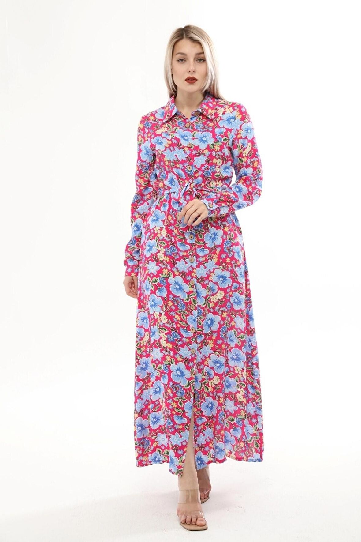 Kadın Çiçek desenli Önden Düğme Detaylı Yazlık uzun Elbise 4426/138