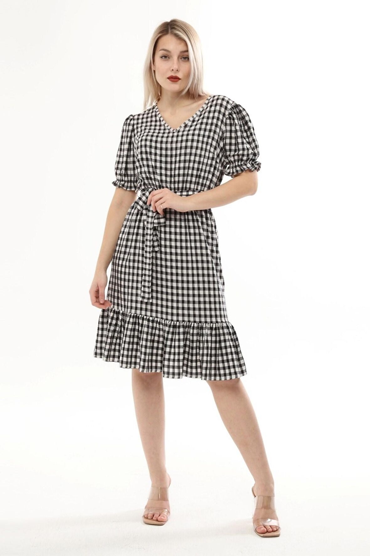 Kadın Kareli Büzgü detaylı Yazlık midi Elbise 4430/105