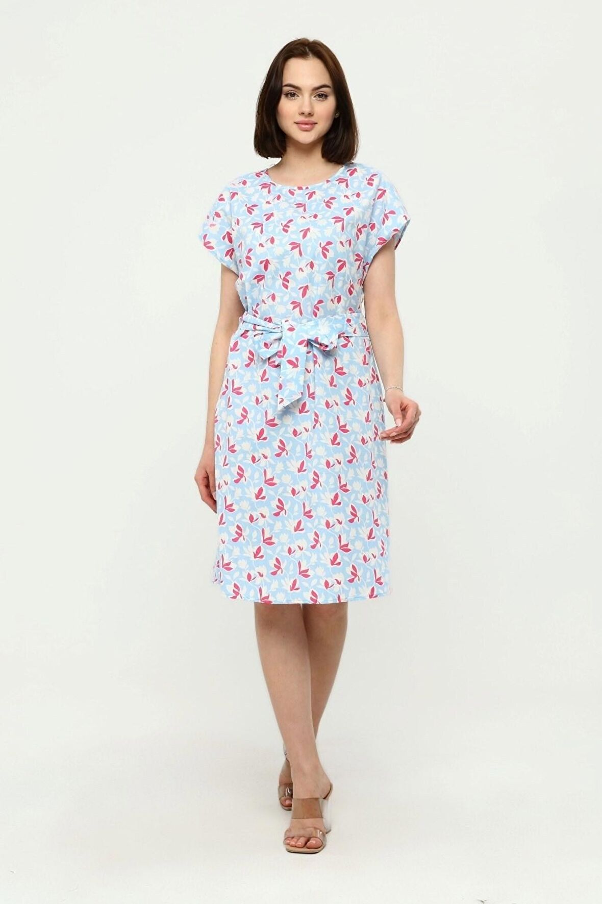 Kadın Kuşaklı Bisiklet Yaka Düşük Omuz Detaylı Midi Elbise 4443/105