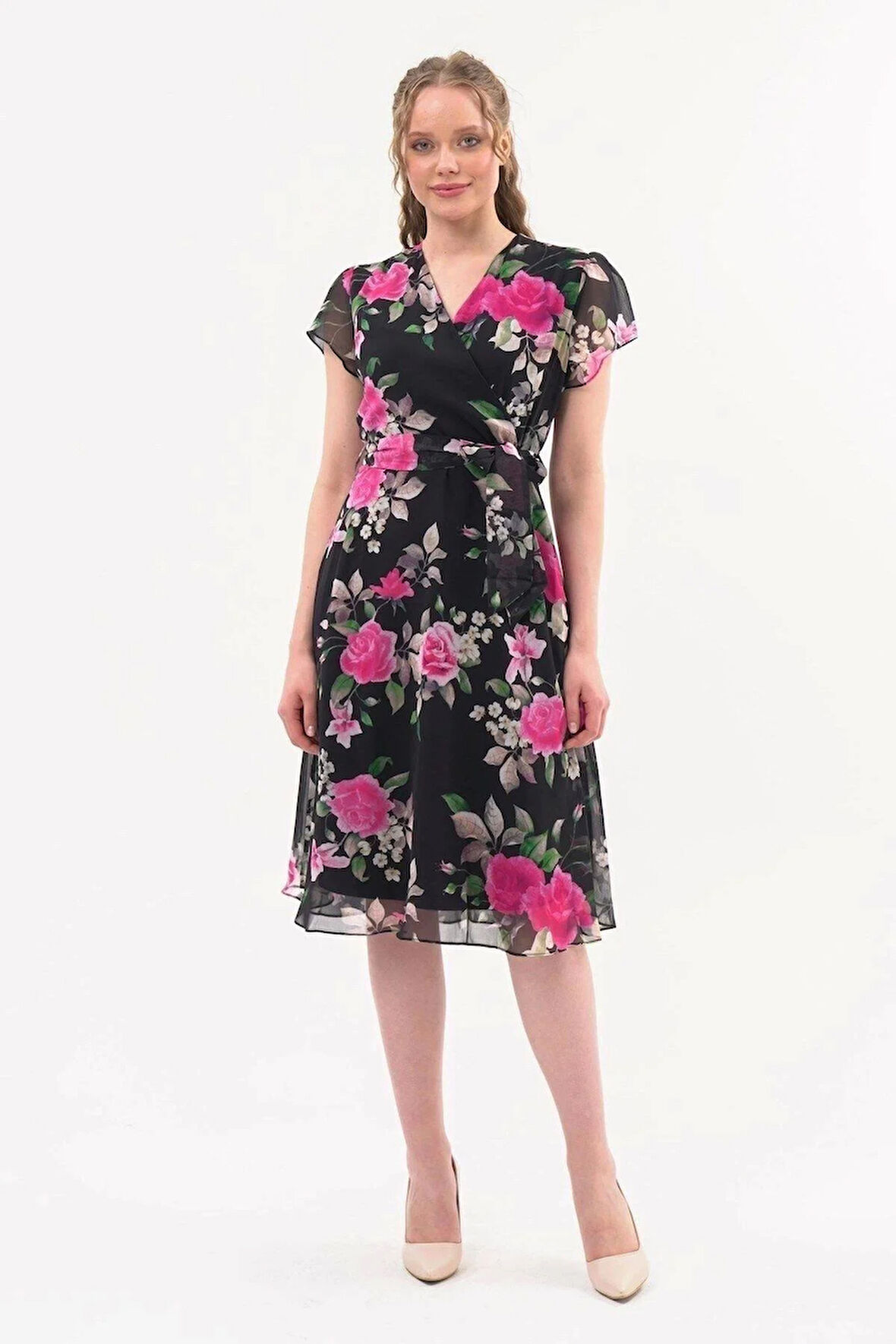 Apsen  Kadın Renk Fuşya Bağlama Detaylı Kruvaze Yaka Midi Boy Desenli Şifon Elbise 4300-110 