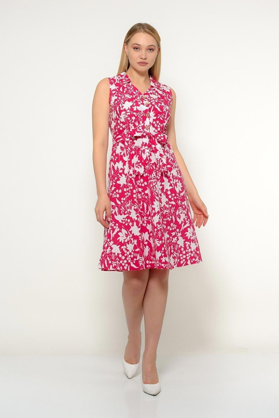 Kadın Düğme Detaylı V Yaka Cotton Elbise 4405/105