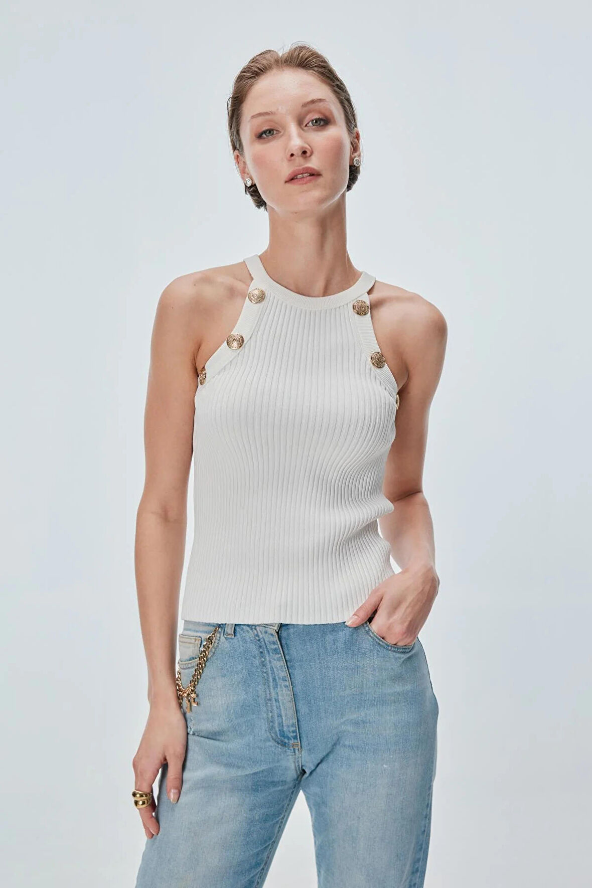Join Us Kadın Düğme Detaylı Halter Yaka Top 0038 Ekru