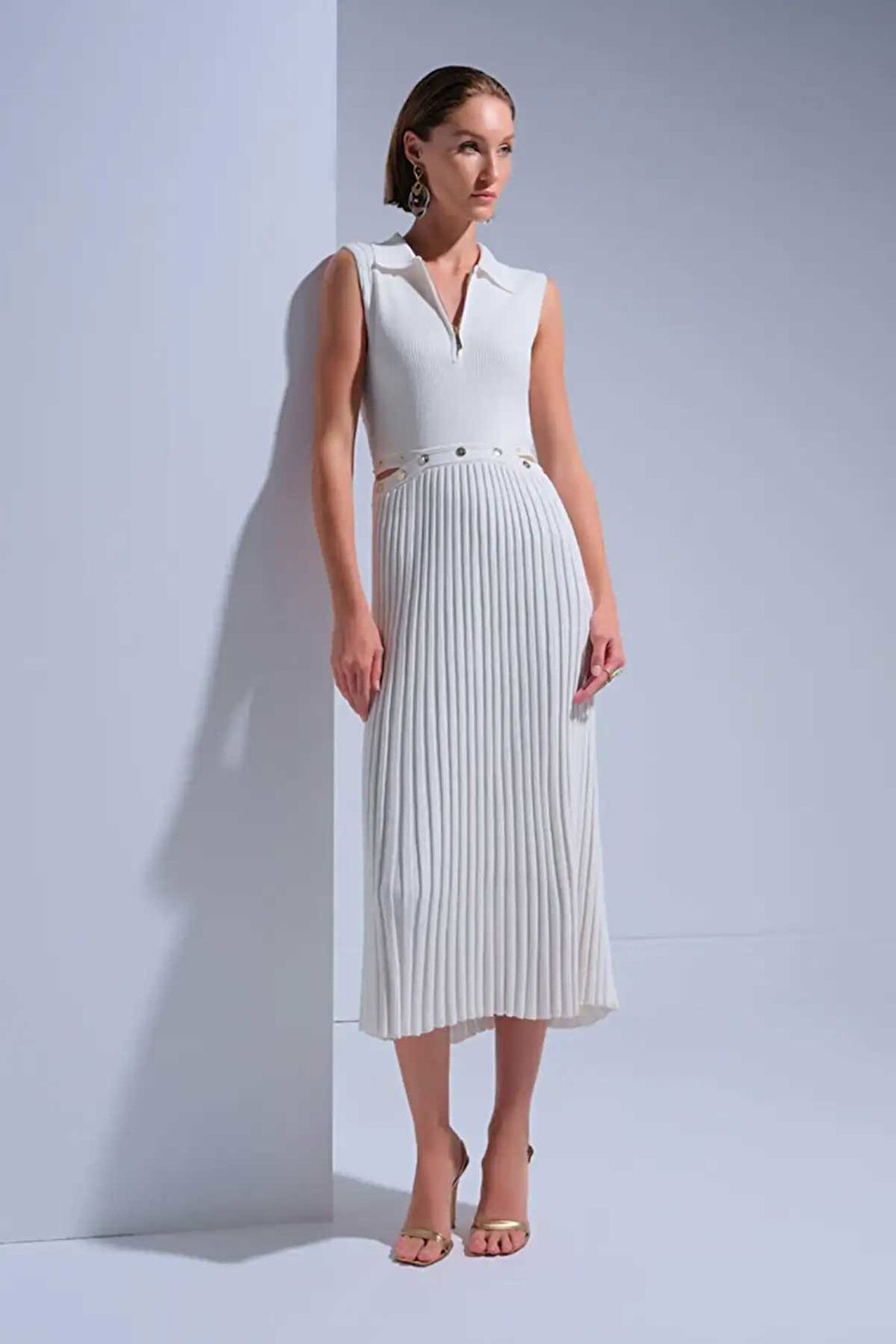 Kadın Fermuar Detaylı Açılabilir Bel Dekolteli Midi Elbise - Ekru  | M