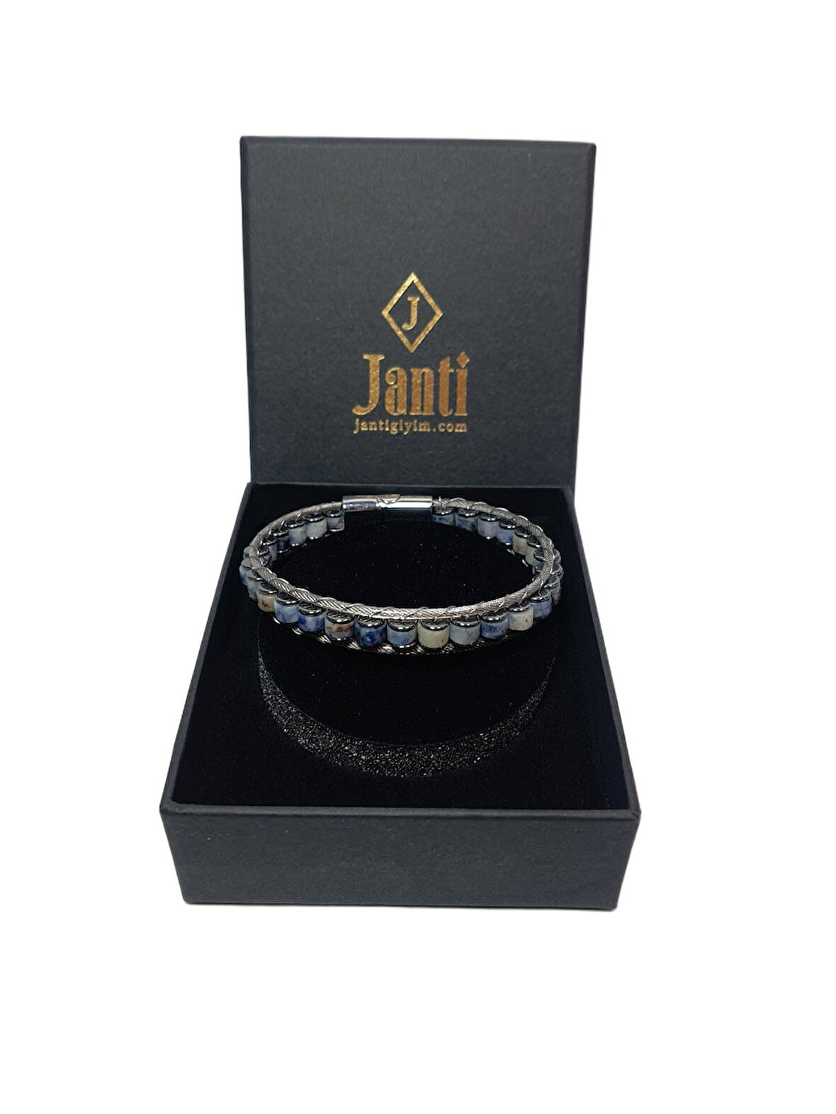 JTAW25BLK1612 PASLANMAZ ÇELİK SODALİT ve HEMATİT DOĞALTAŞ MIKNATIS KAPAMA MAVİ-GRİ GARANTİLİ HEDİYE KUTULU JANTİ BİLEKLİK