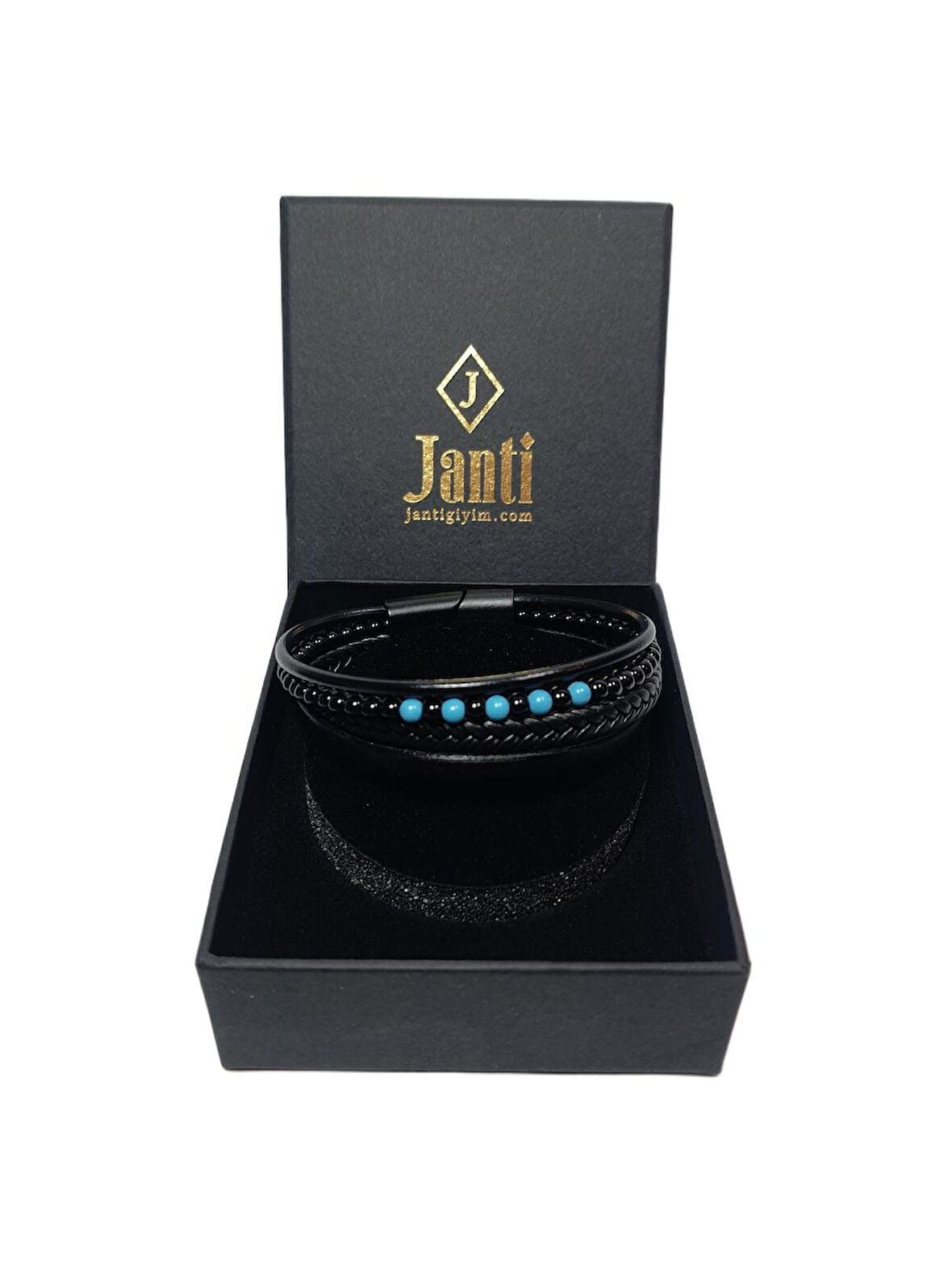 JTAW25BLK1615 HAKİKİ DERİ MIKNATIS KAPAMA ONYX ve TURKUAZ DOĞALTAŞ SİYAH GARANTİLİ HEDİYE KUTULU JANTİ BİLEKLİK