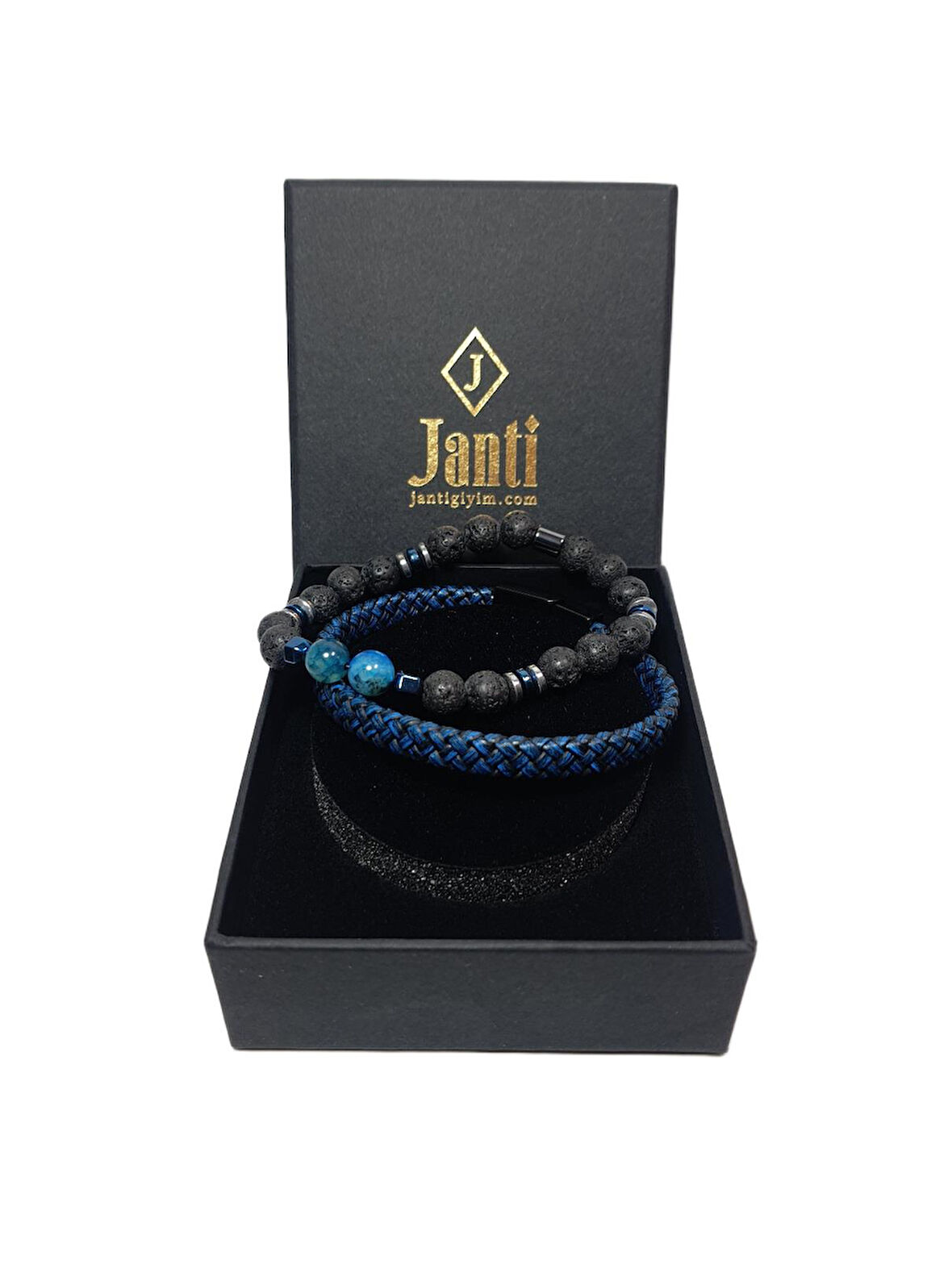 JTAW25BLK1616 HAKİKİ DERİ MIKNATIS KAPAMA AKİK - LAV ve HEMATİT DOĞALTAŞ SİYAH-MAVİ GARANTİLİ HEDİYE KUTULU JANTİ BİLEKLİK