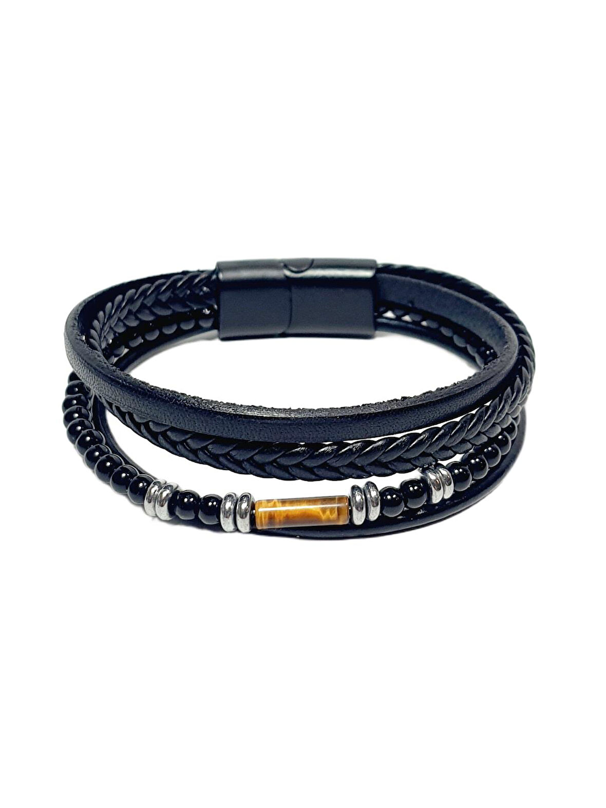 JTAW25BLK1635 HAKİKİ DERİ MIKNATIS KAPAMA KAPLANGÖZÜ ve HEMATİT DOĞALTAŞ SİYAH GARANTİLİ HEDİYE KUTULU JANTİ BİLEKLİK