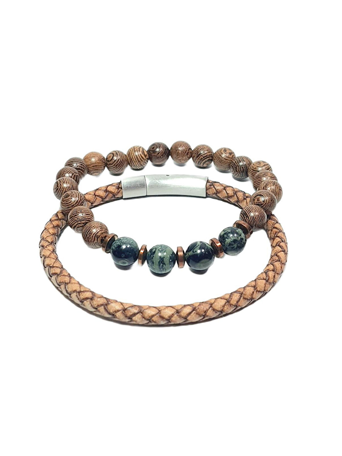 JTAW25BLK1639 HAKİKİ DERİ PASLANMAZ ÇELİK KAPAMA MAZI AĞACI SERPANTİN ve HEMATİT DOĞALTAŞ BEJ GARANTİLİ HEDİYE KUTULU JANTİ BİLEKLİK