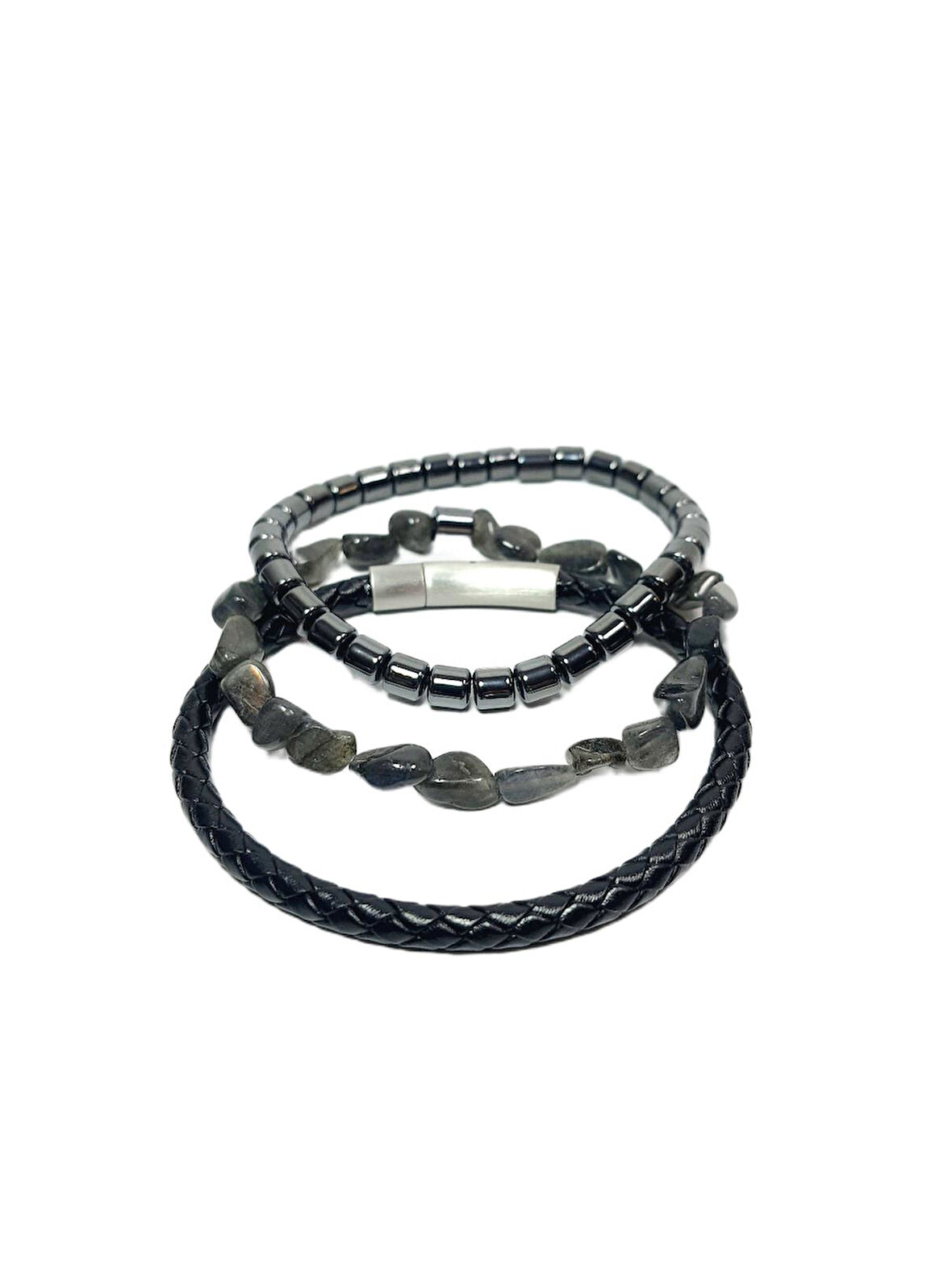 JTAW25BLK1640 HAKİKİ DERİ PASLANMAZ ÇELİK KAPAMA LABRODORİT DOĞALTAŞ ve HEMATİT DOĞALTAŞ SİYAH GRİ GARANTİLİ HEDİYE KUTULU JANTİ BİLEKLİK