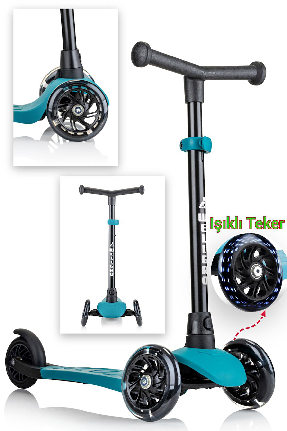 Wellgro Işıklı 3 Tekerli Yükseklik Ayarlı Scooter, Yeşil