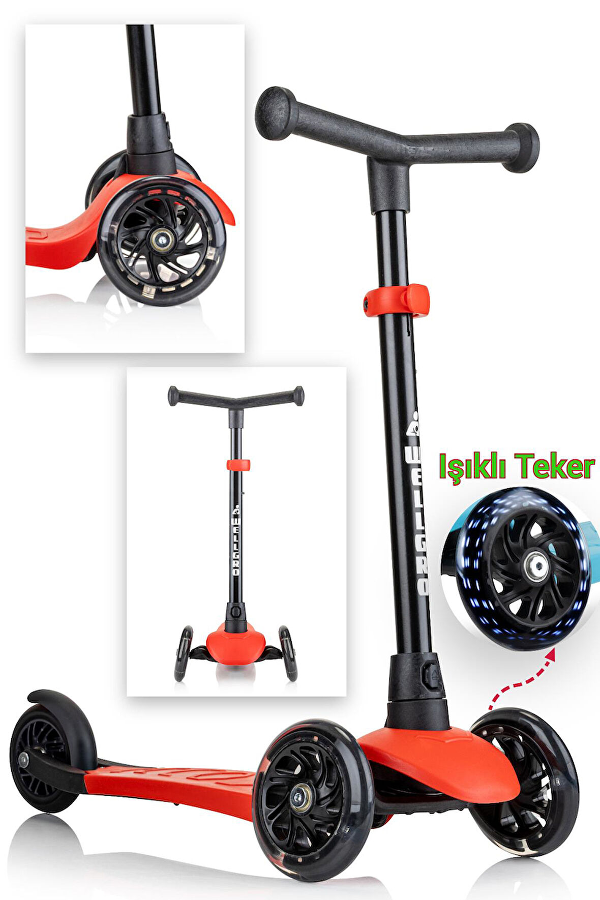 Wellgro Işıklı 3 Tekerli Yükseklik Ayarlı Scooter, Kırmızı