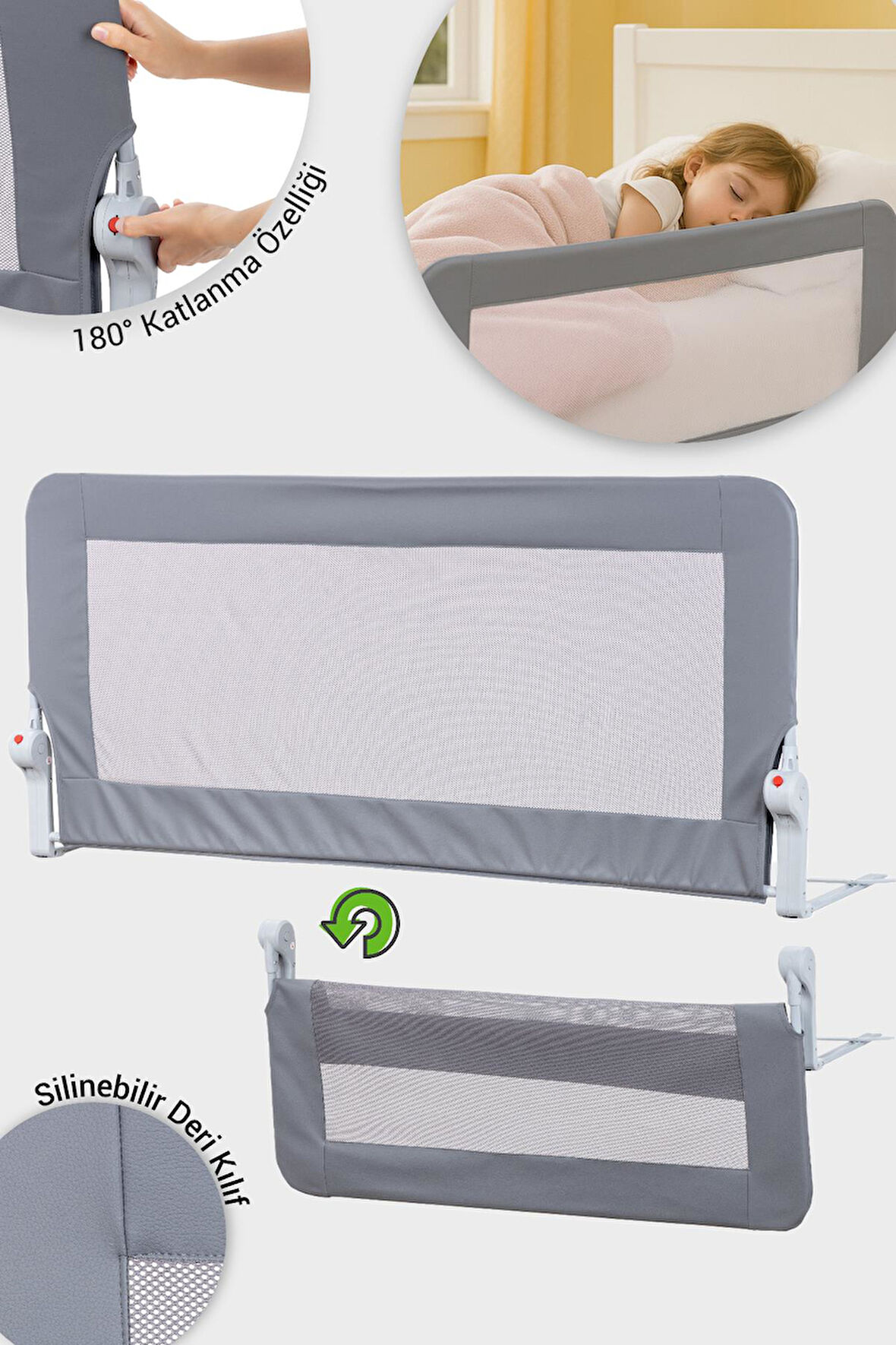 Wellgro Premium 120x65 cm Deri Kılıflı Yatak Bariyeri, Katlanır Yatak Korkuluğu, Gri