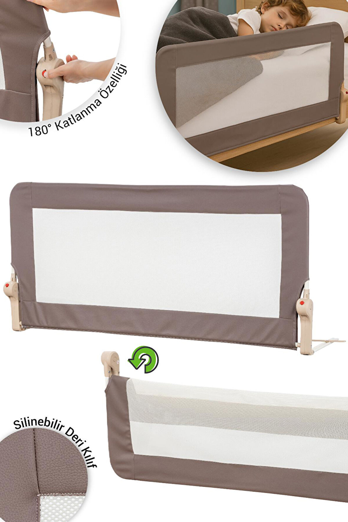 Wellgro Premium 150x65 cm Deri Kılıflı Yatak Bariyeri, Katlanır Yatak Korkuluğu, Kahve