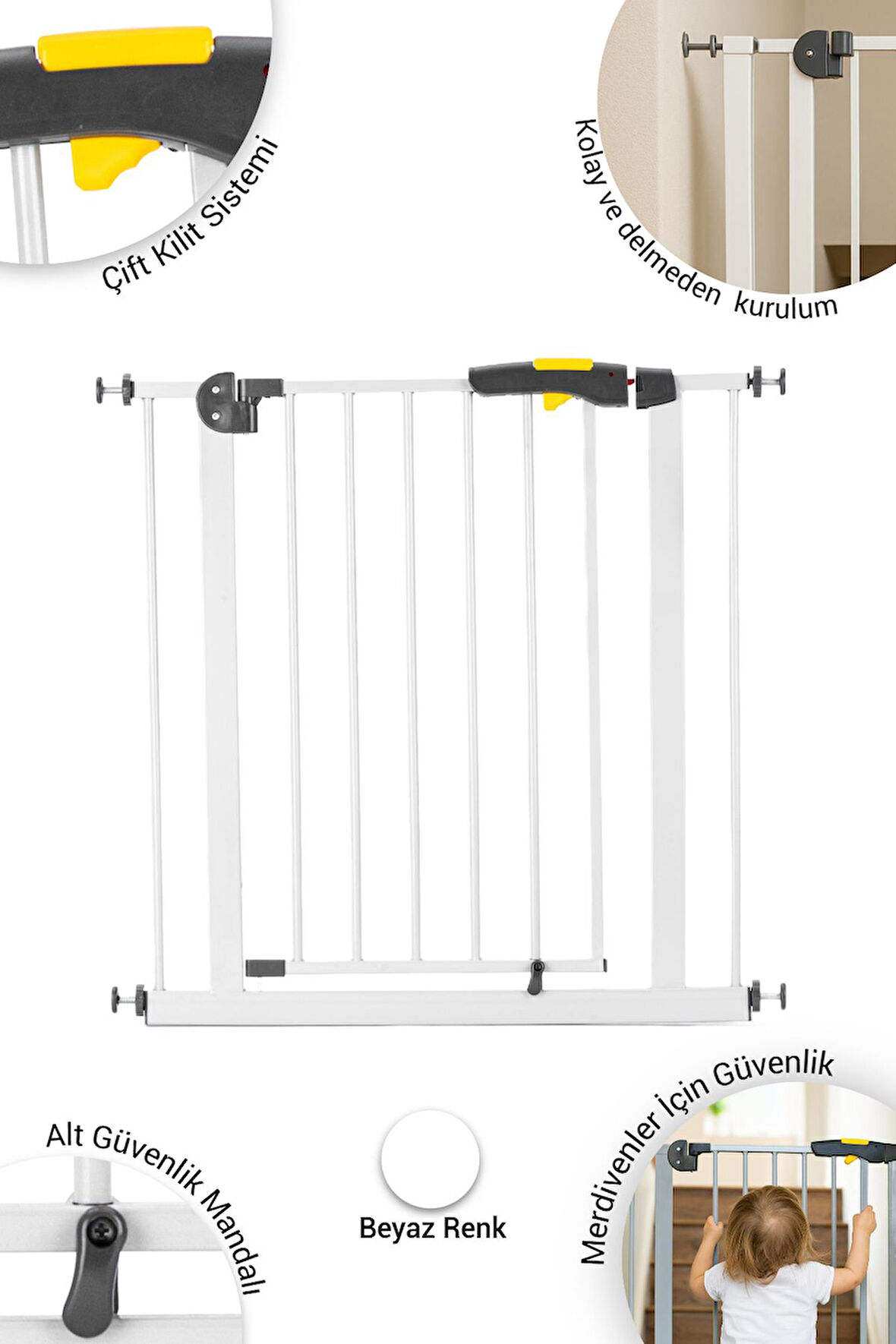 Wellgro Pro 75-80 cm Çocuk Güvenlik Kapısı, Merdiven Kapısı ve Korkuluk, Beyaz