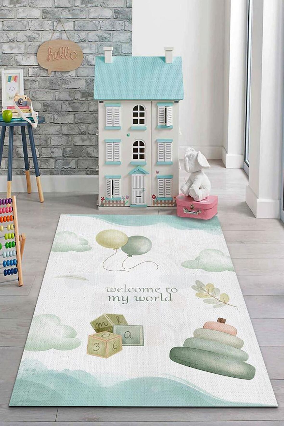 Homshtag Dünyama Hoşgeldin Pamuklu Dokuma Tabanlı Yıkanabilir Kaymaz Dekoratif Çocuk Odası Halısı