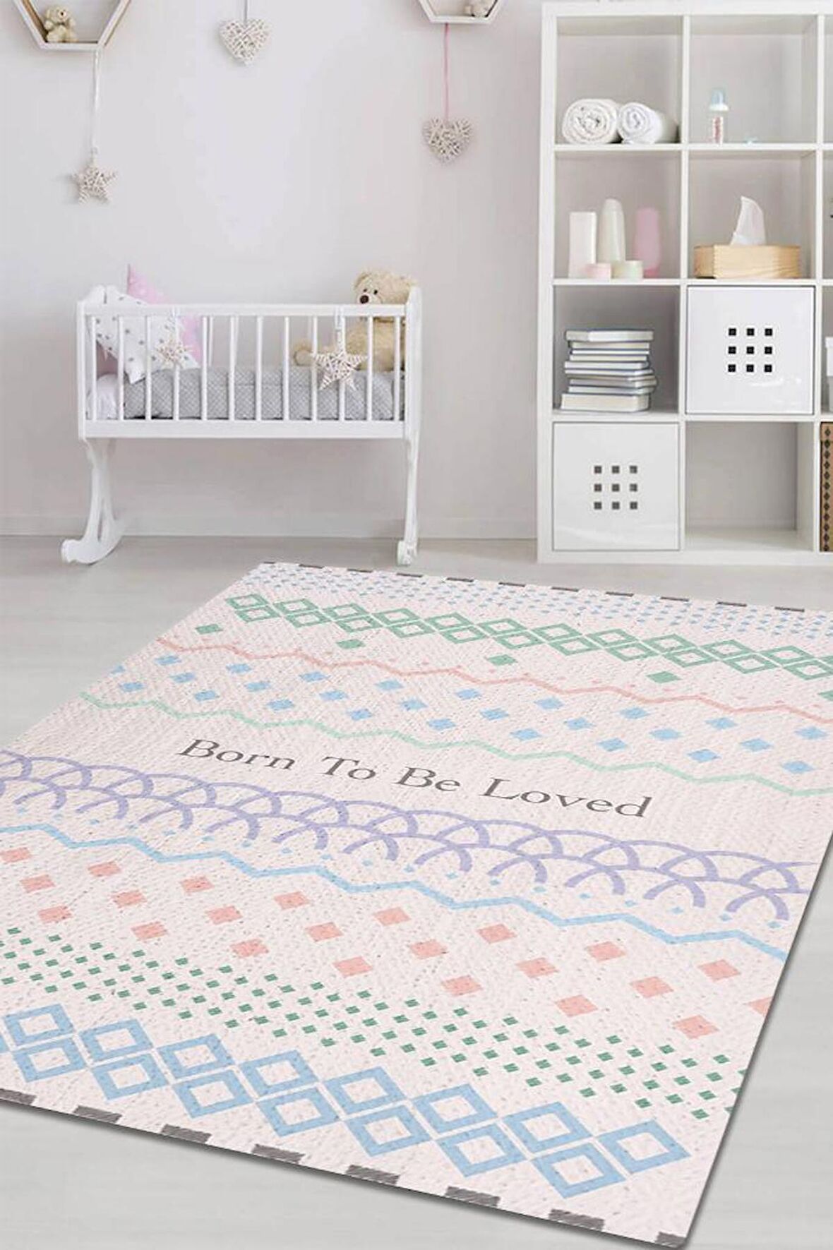 Homshtag Sevilmek İçin Doğdu Pamuklu Dokuma Tabanlı Yıkanabilir Kaymaz Dekoratif Çocuk Odası Halısı